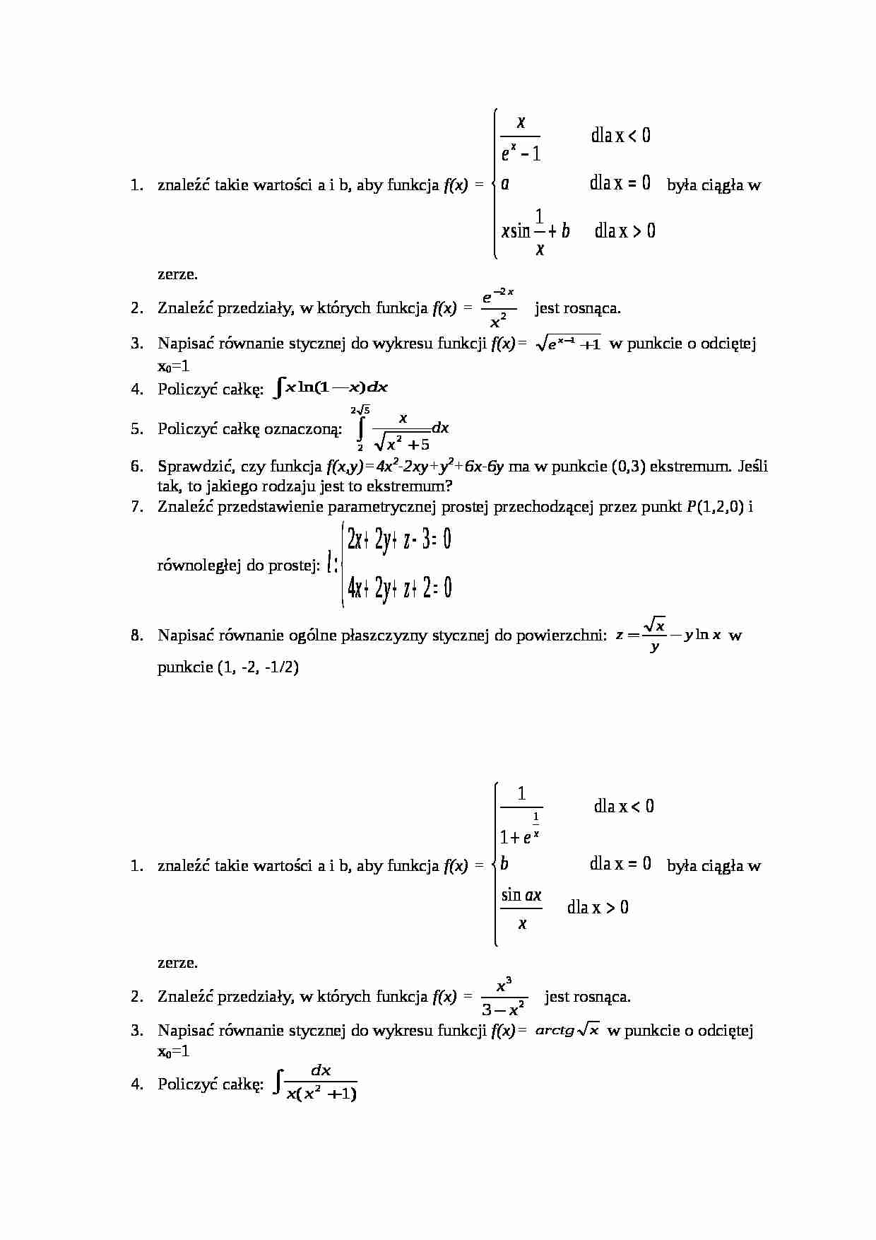 Przykładowe pytania na egzamin z  matematyki - strona 1
