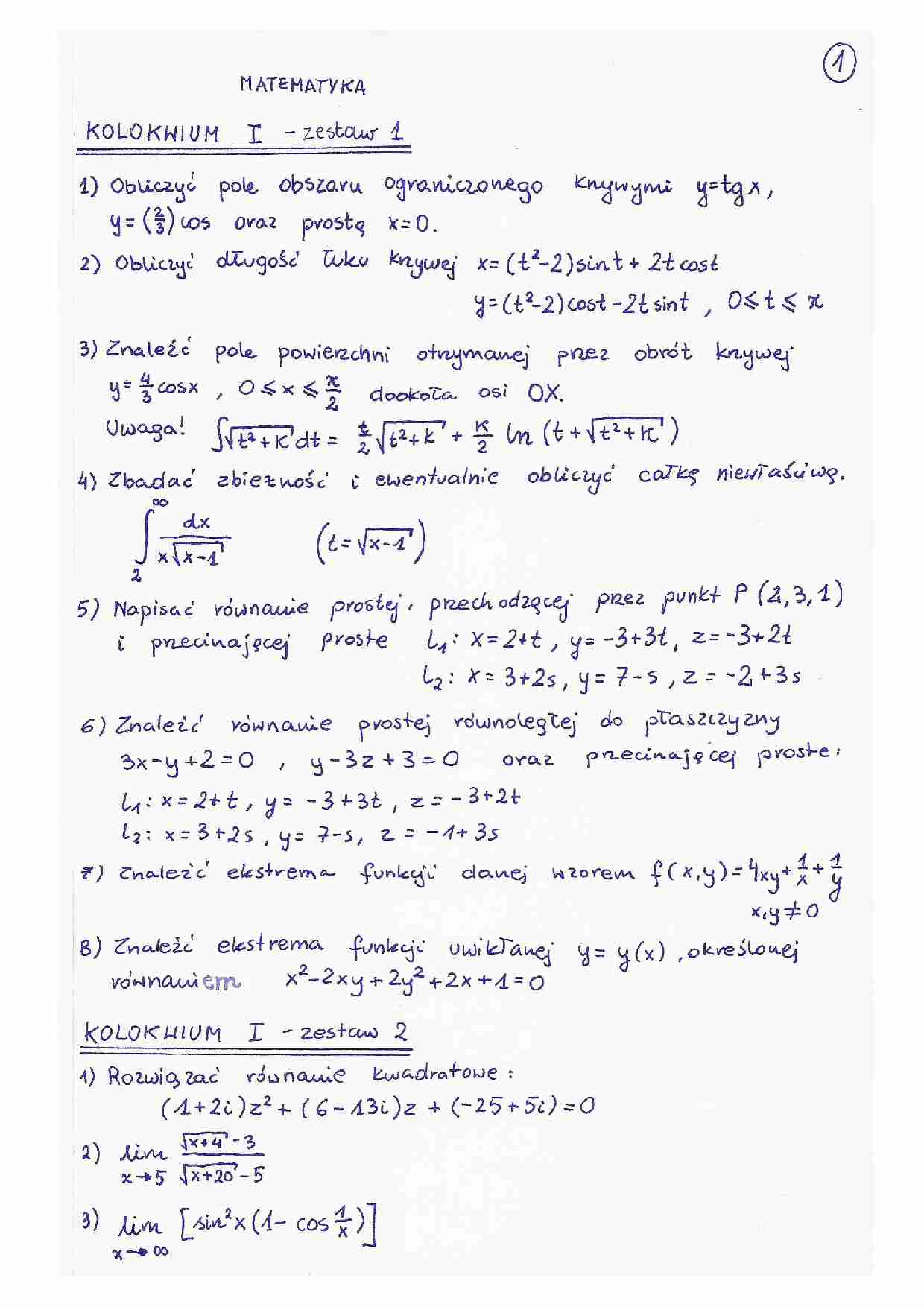 Przykładowe zadania na kolokwium z matematyki - strona 1