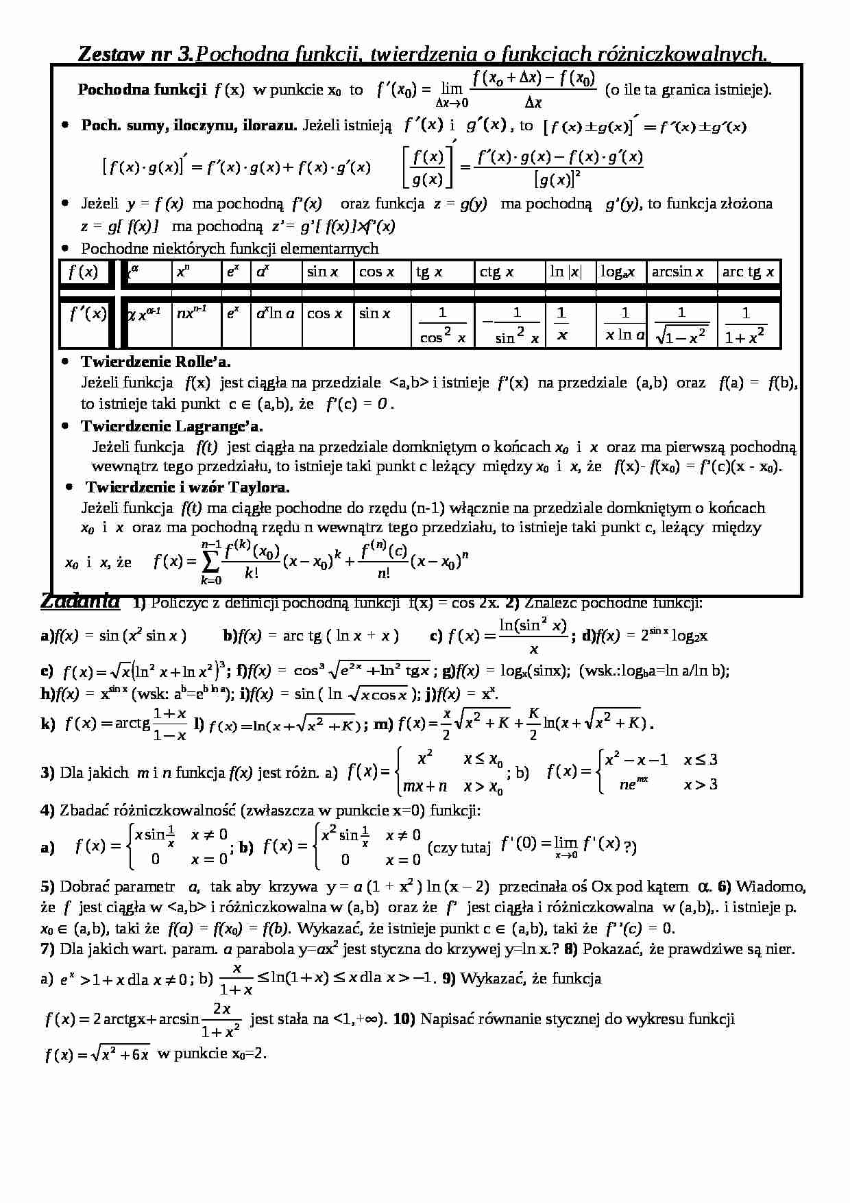 Pochodna funkcji, twierdzenia o funkcjach różniczkowalnych -zestaw - strona 1