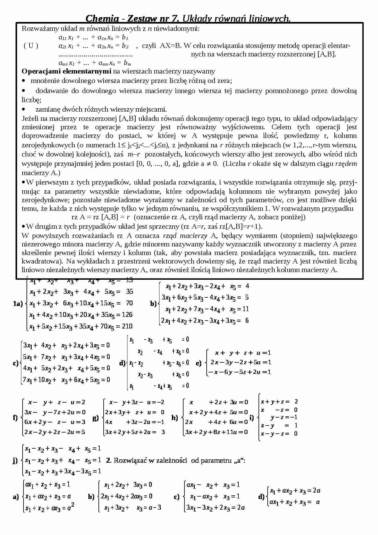 Układy równań liniowych - zestaw ćwiczeniowy - strona 1