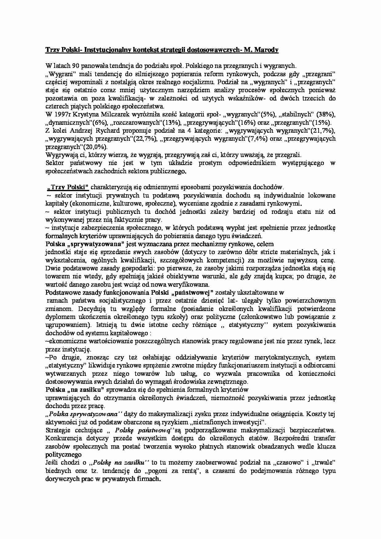 Trzy Polski- Instytucjonalny kontekst strategii dostosowawczych- M. Marody - strona 1