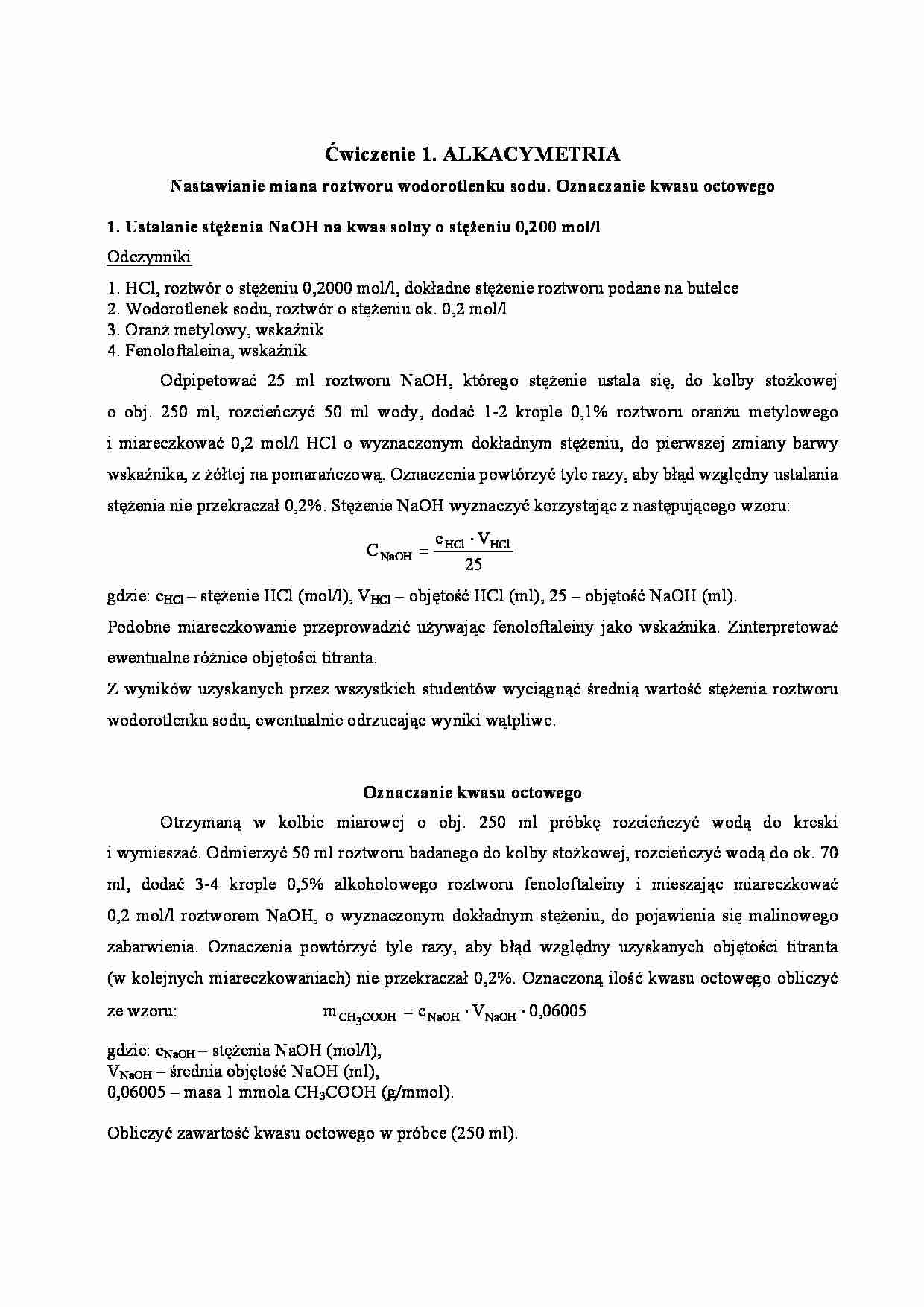Instrukcja do ćwiczenia ChA1 - Alkacymetria - strona 1