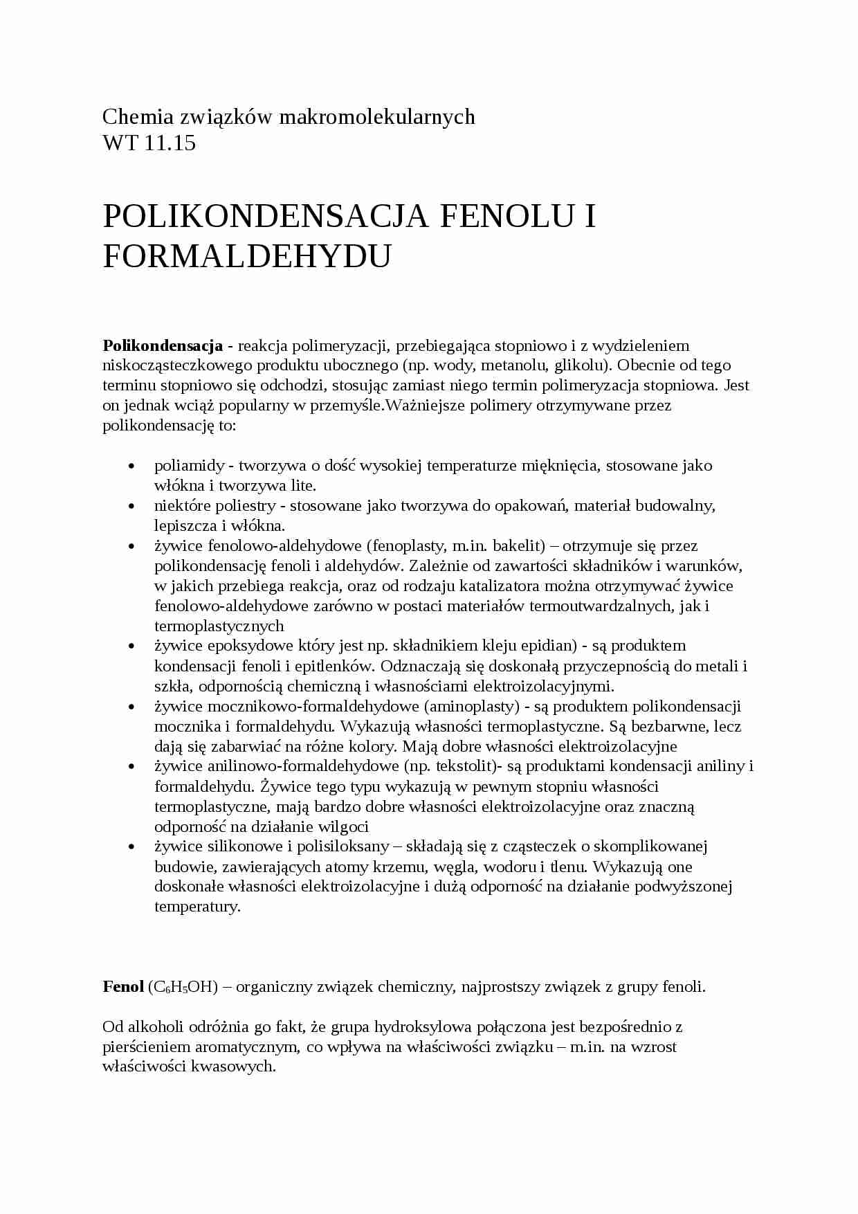 Polikondesacja fenolu i formaledehydu - omówienie  - strona 1