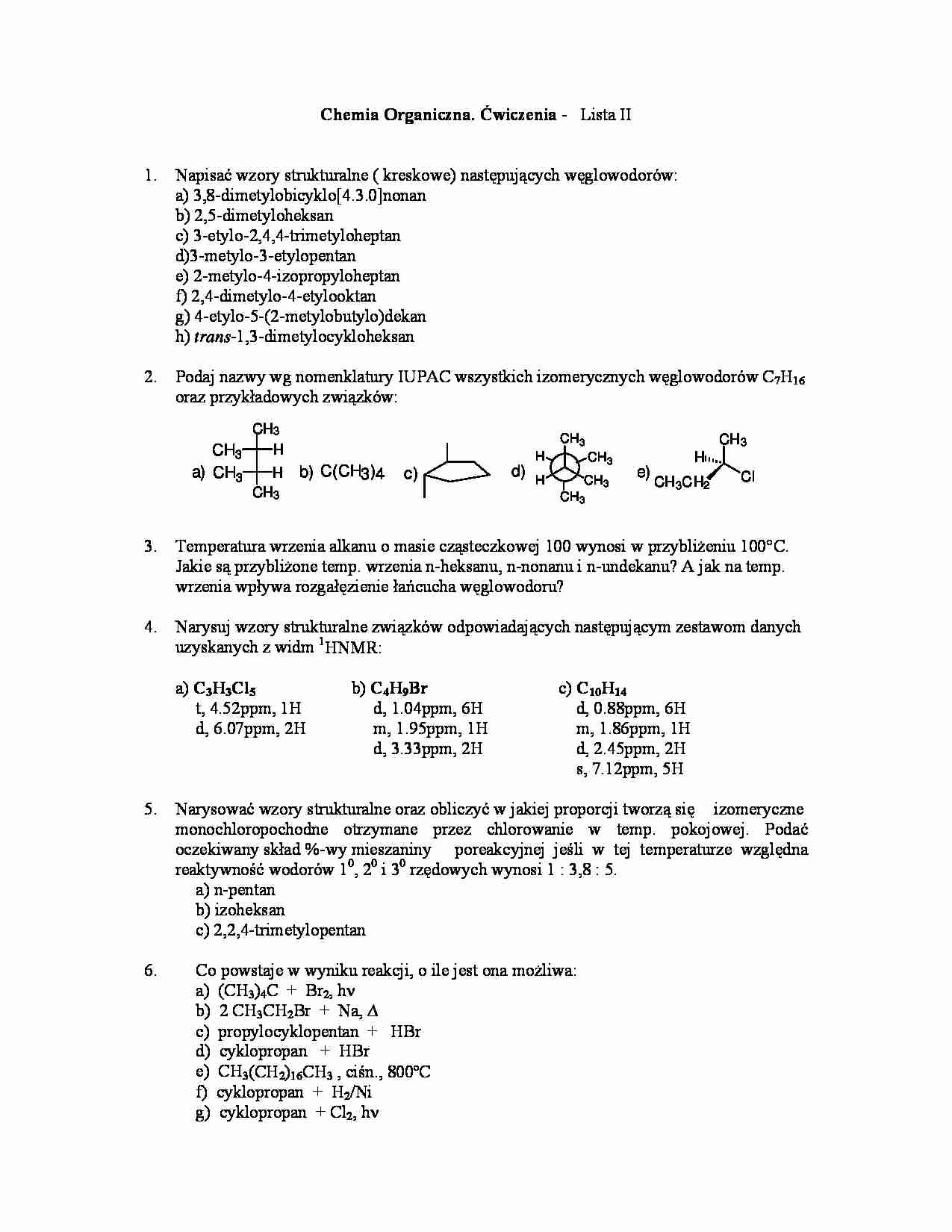 Chemia organiczna - ćwiczenia, lista II - strona 1