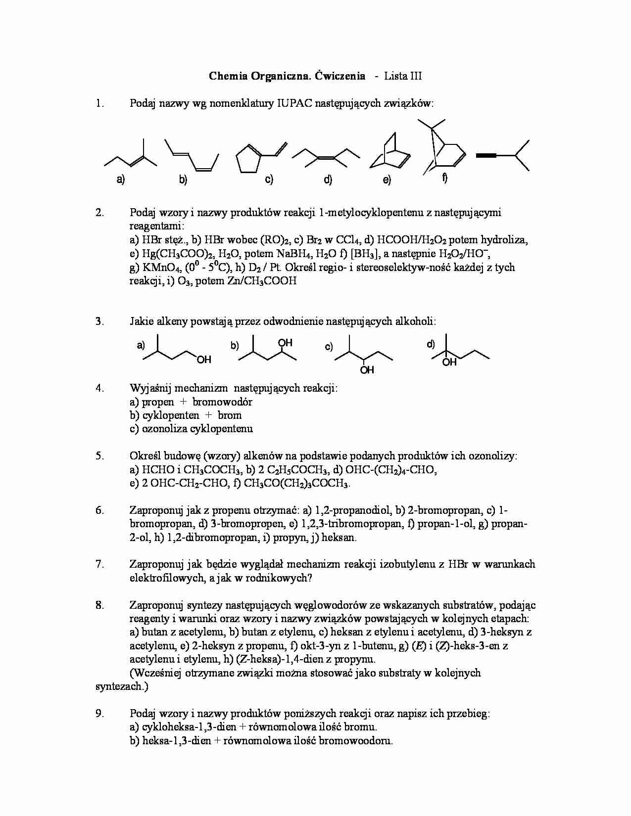 Chemia organiczna - ćwiczenia, lista III - strona 1