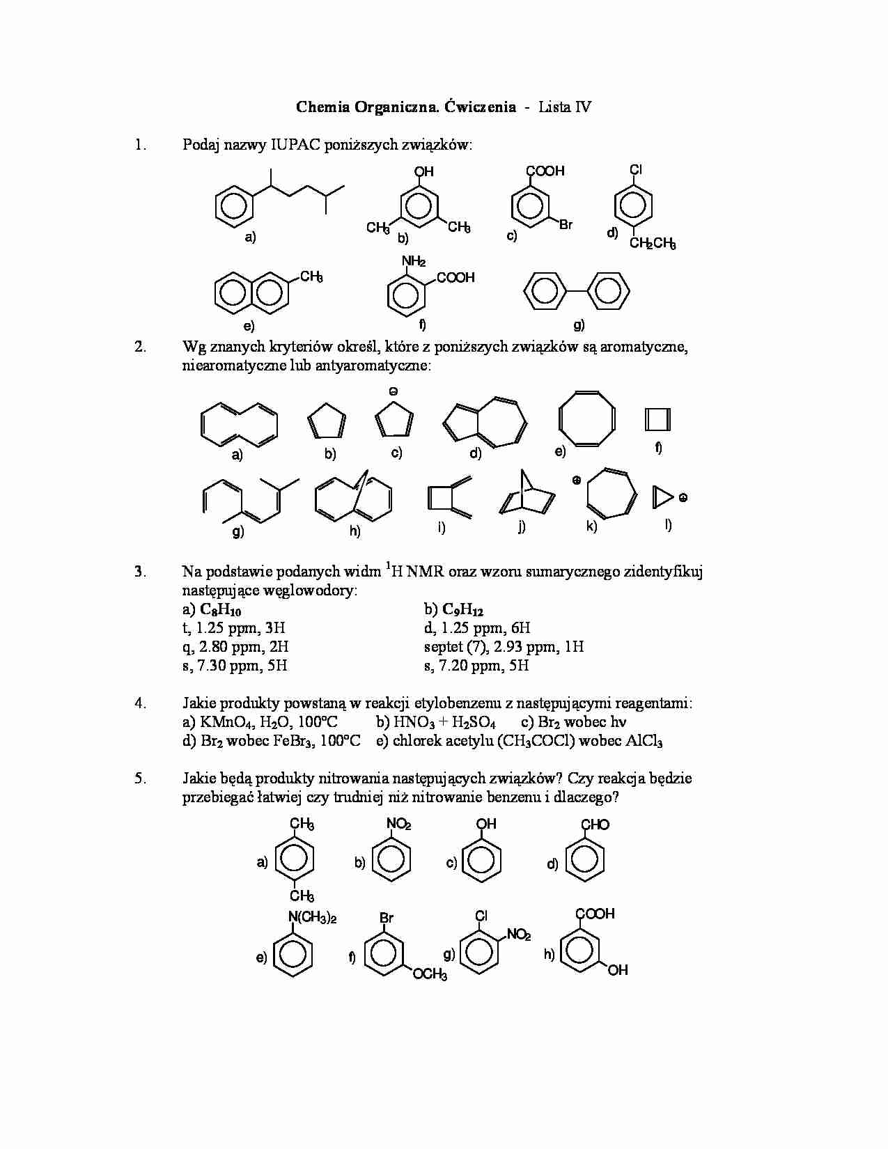 Chemia organiczna - ćwiczenia, lista IV - strona 1