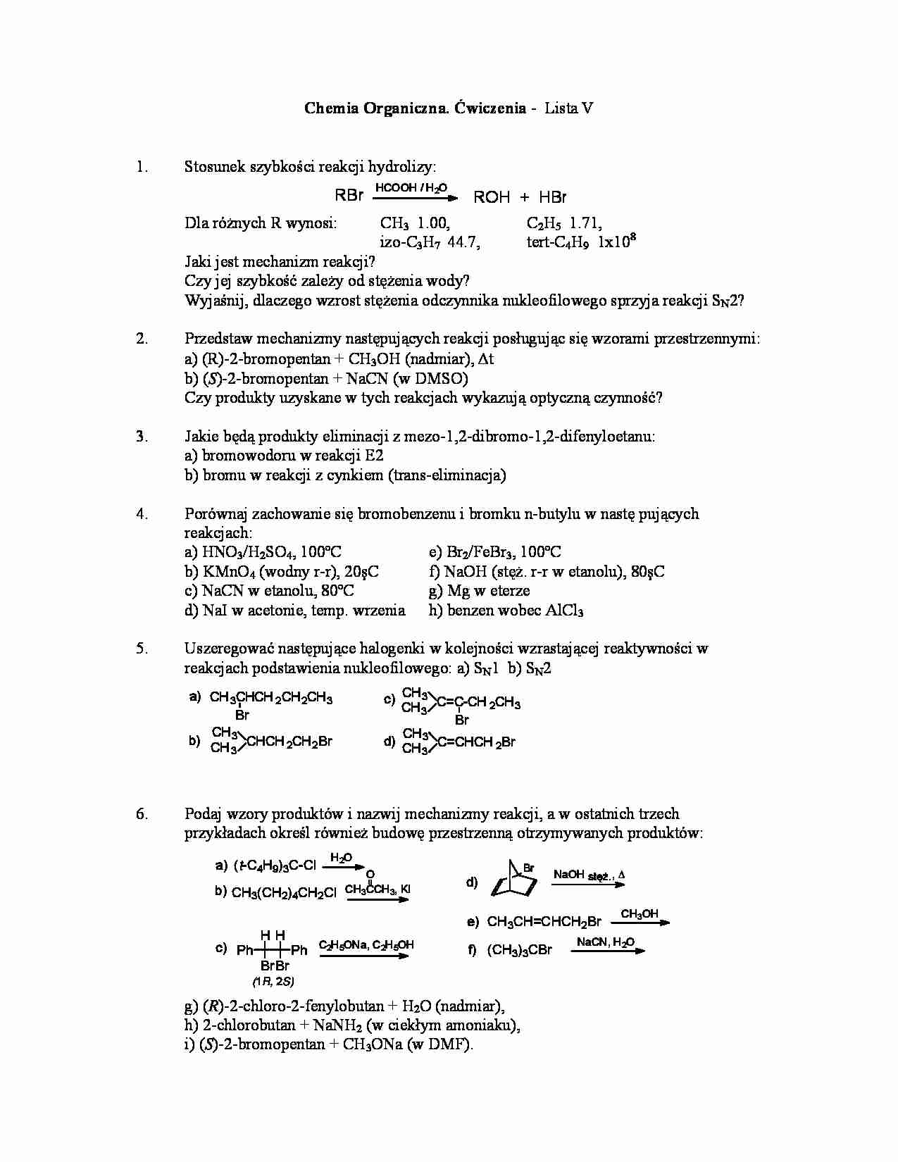 Chemia organiczna - ćwiczenia, lista V - strona 1