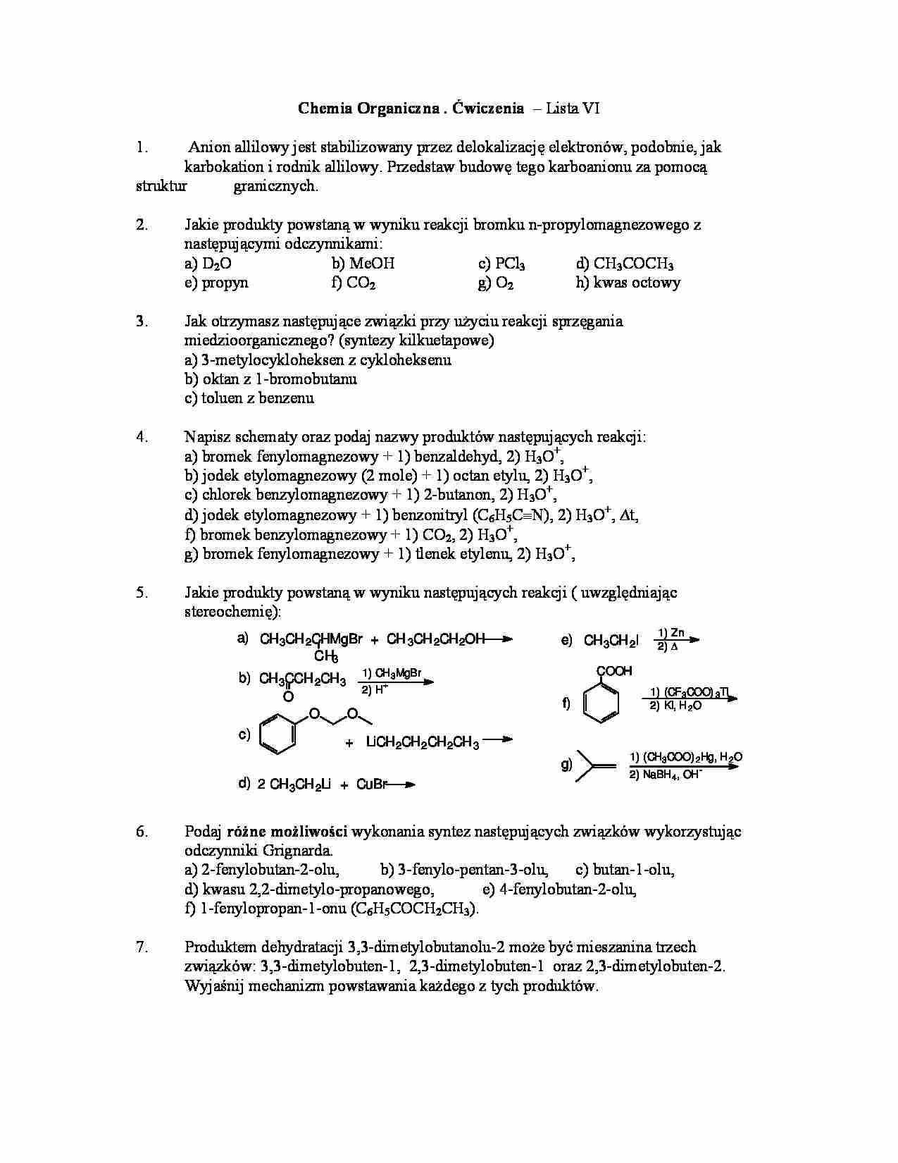 Chemia organiczna - ćwiczenia, lista VI - strona 1