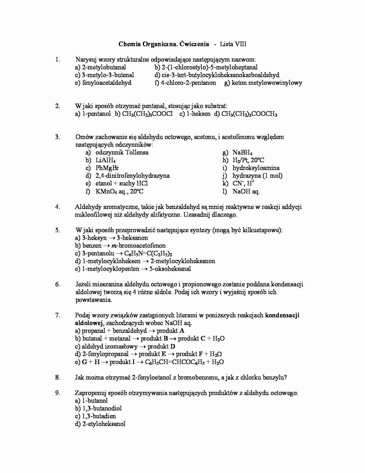 Chemia organiczna - ćwiczenia, lista VII - strona 1