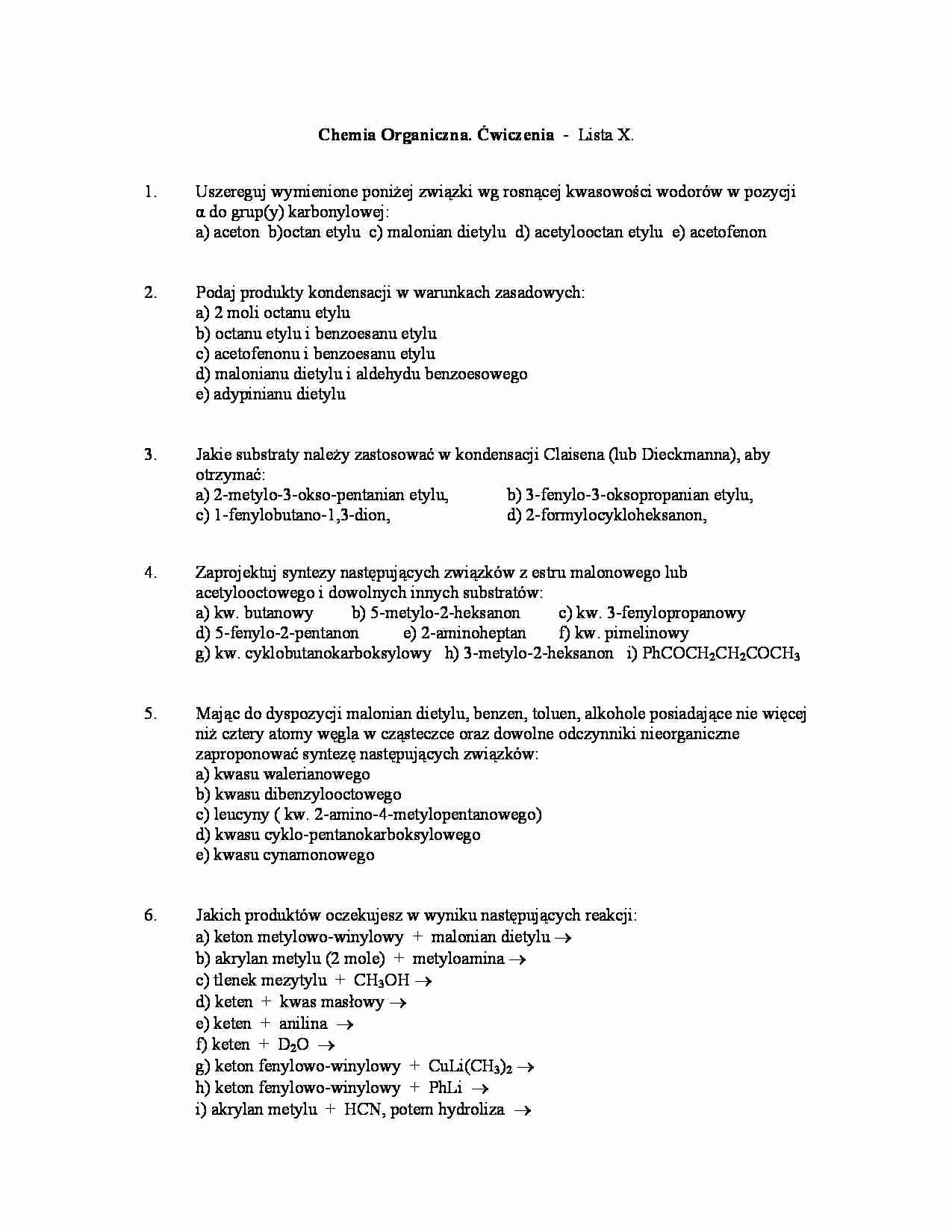 Chemia organiczna - ćwiczenia, lista X - strona 1