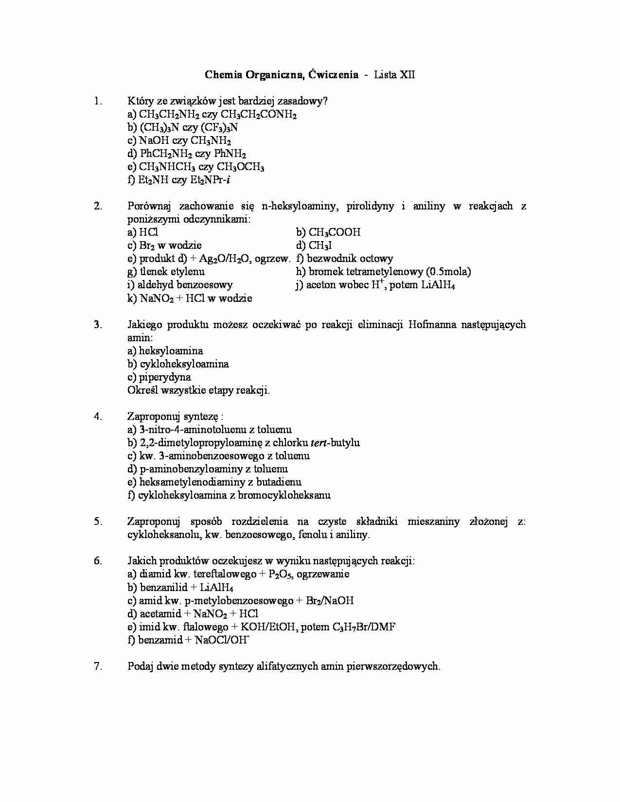 Chemia organiczna - ćwiczenia, lista XII - strona 1