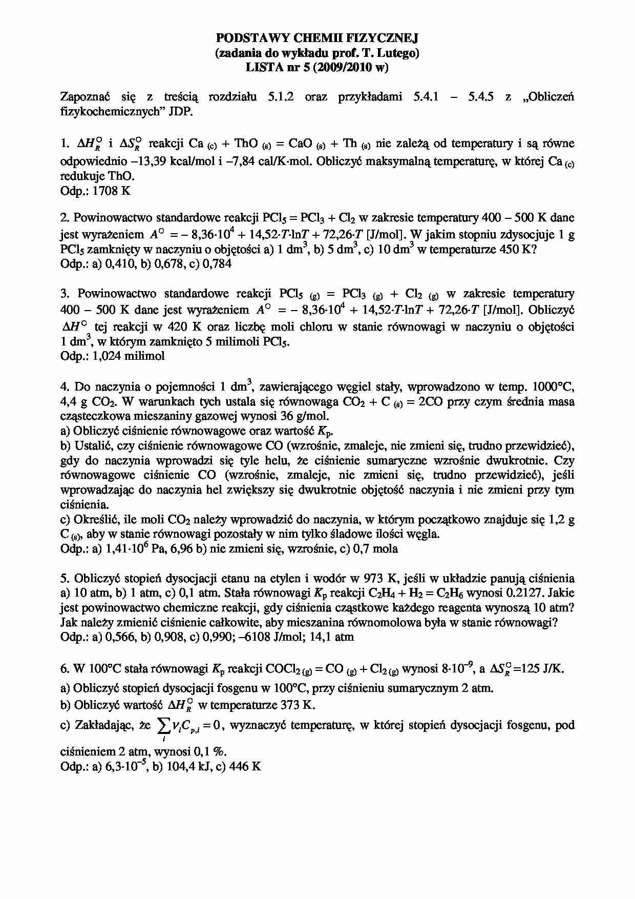 Podstawy chemii fizycznej - zadania do wykładu cz. 3 - strona 1