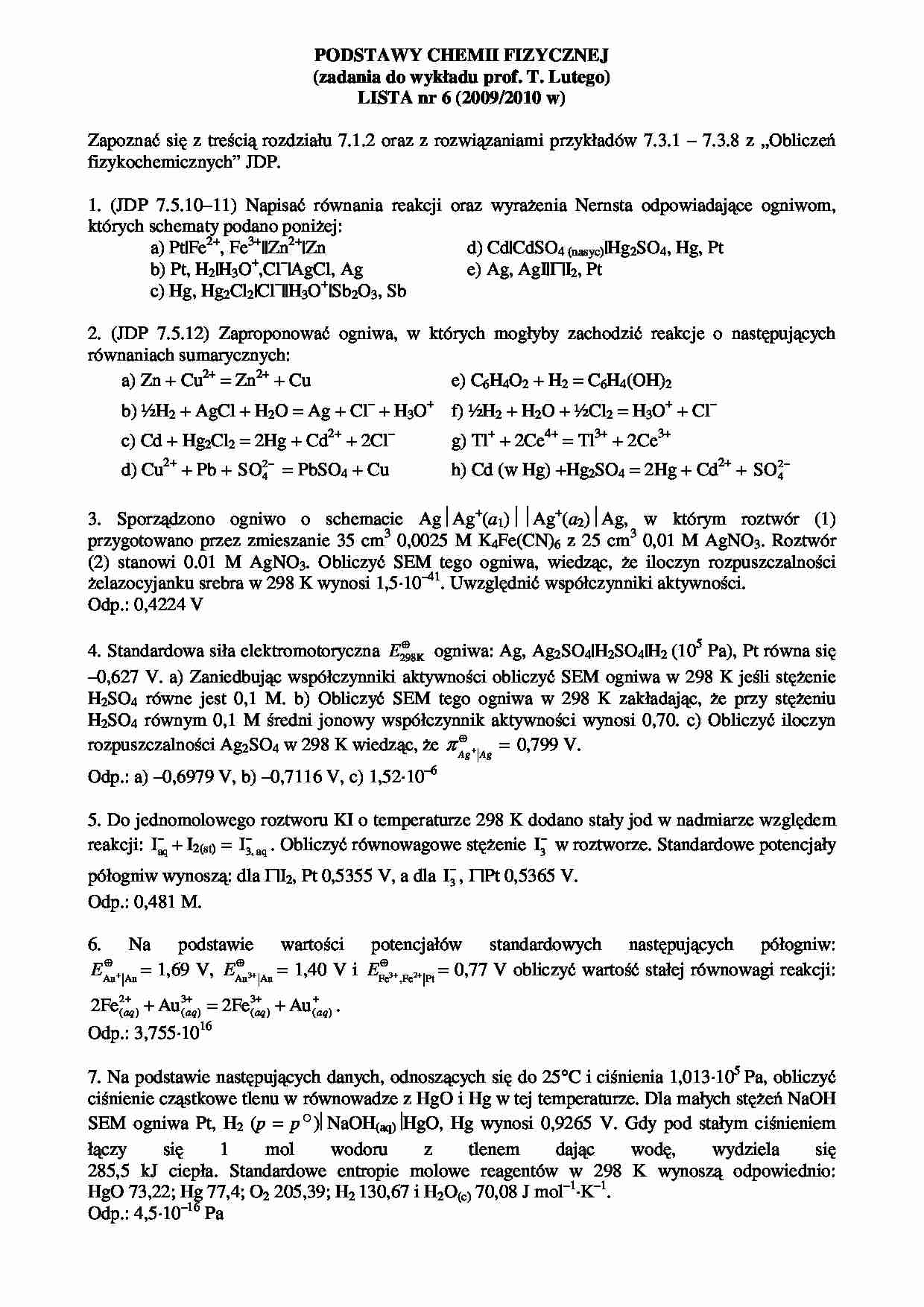 Podstawy chemii fizycznej - zadania do wykładu cz. 2 - strona 1