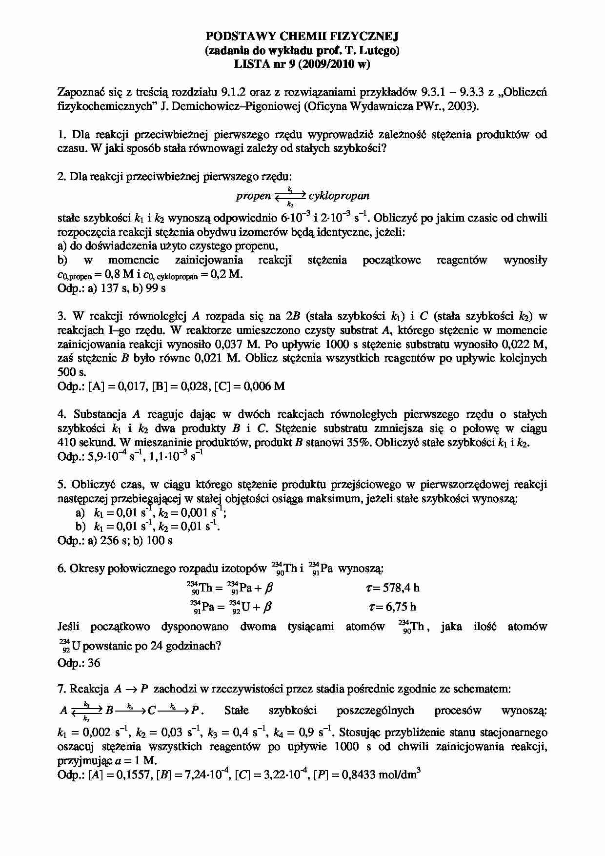 Podstawy chemii fizycznej - lista nr 9  - strona 1
