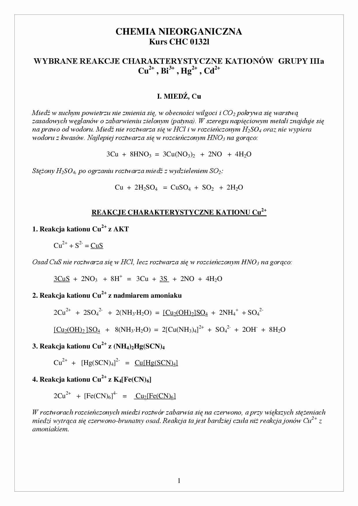chemia nieorganiczna - reakcje  charakterystyczne kationów 3 - strona 1
