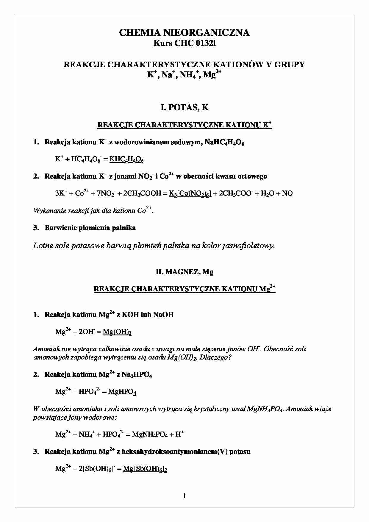 chemia nieorganiczna - reakcje  charakterystyczne kationów 5   - strona 1