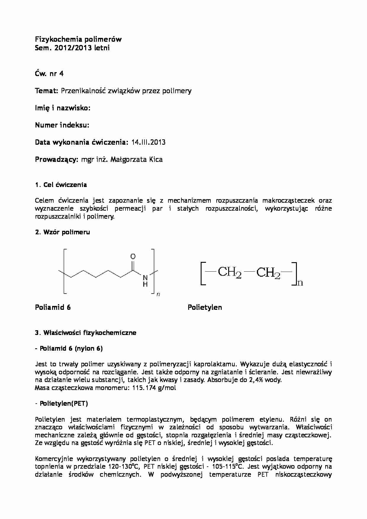 Przenikalność związków przez polimery - opracowanie zagadnienia - strona 1