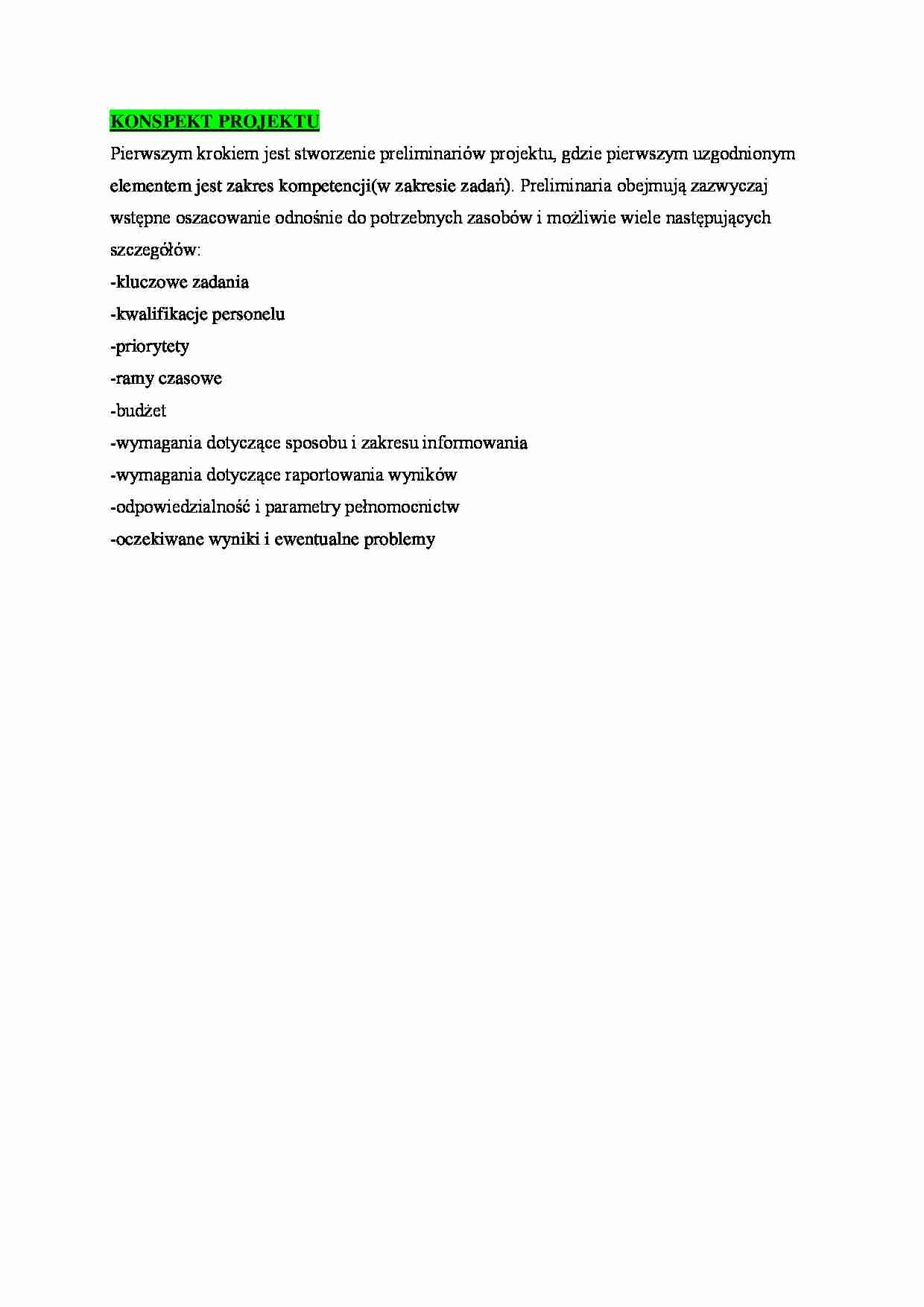 Zarządzanie projektami - konspekt projektu  - strona 1