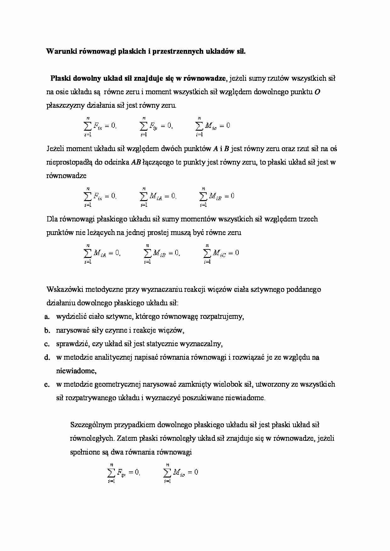 Warunki równowagi płaskich i przestrzennych układów sił - strona 1
