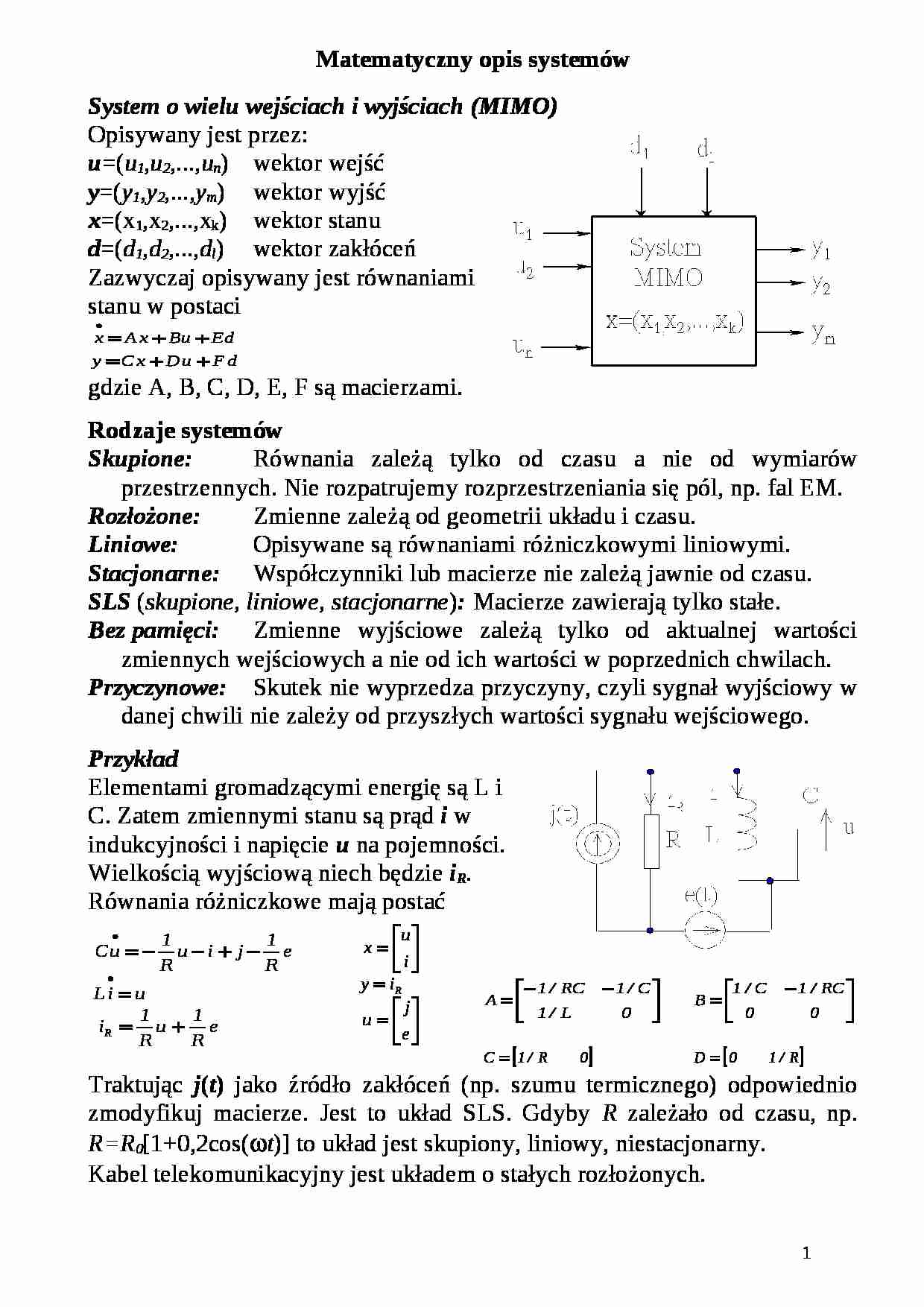 Matematyczny opis systemów-opracowanie - strona 1