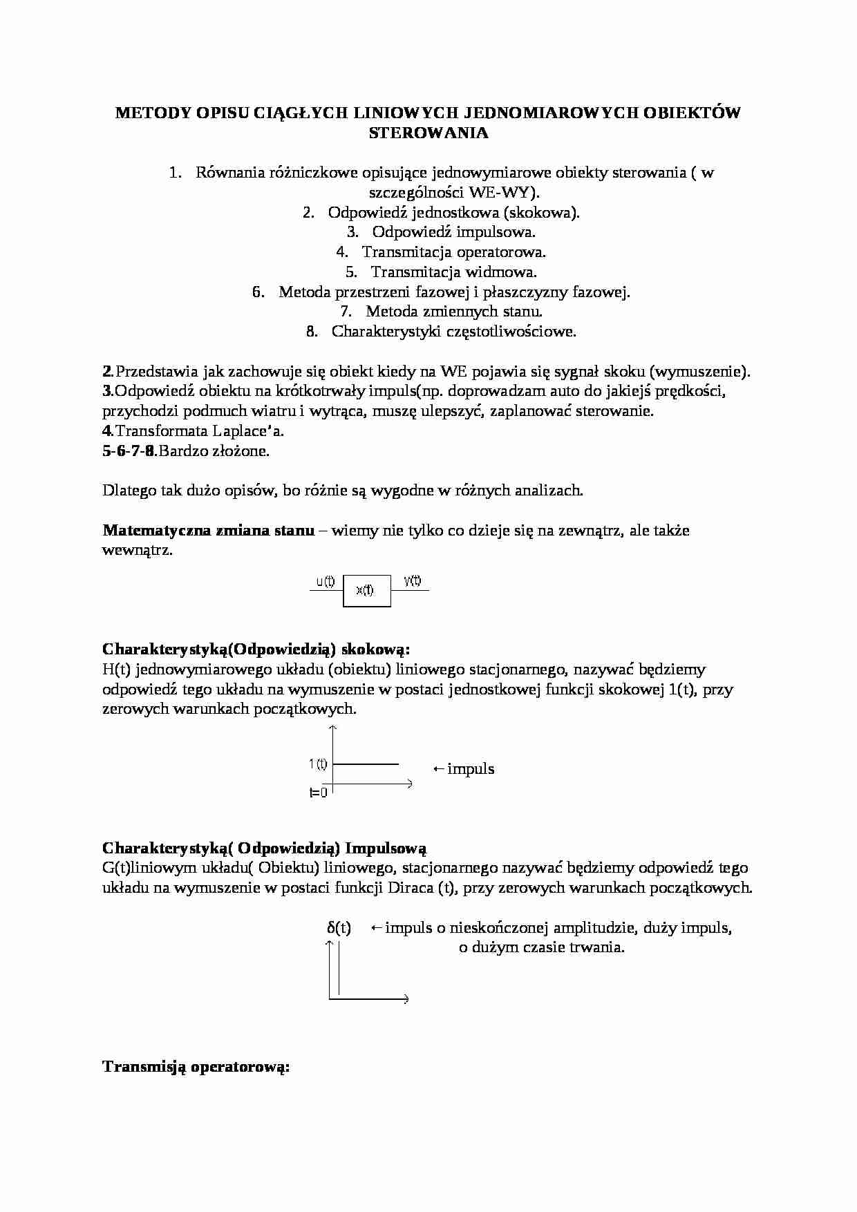 Metody opisu ciągłych liniowych jednomiarowych obiektów sterowania-opracowanie - strona 1