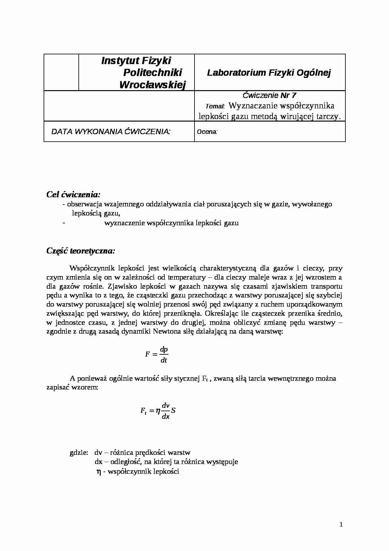 Wyznaczanie współczynnika lepkości gazu metodą wirującej tarczy-opracowanie - strona 1