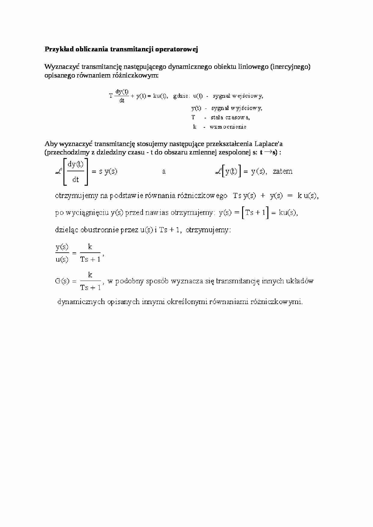 Przykład obliczania transmitancji operatorowej - opracowanie - strona 1
