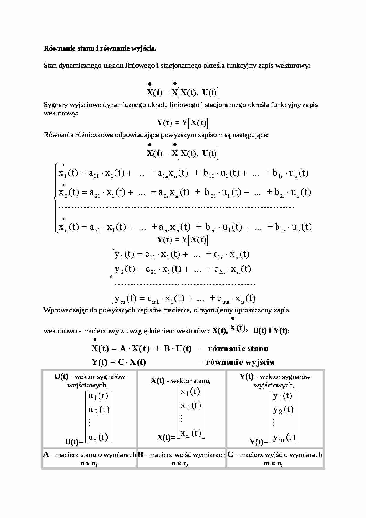 Równanie stanu i równanie wyjścia - wykład - strona 1