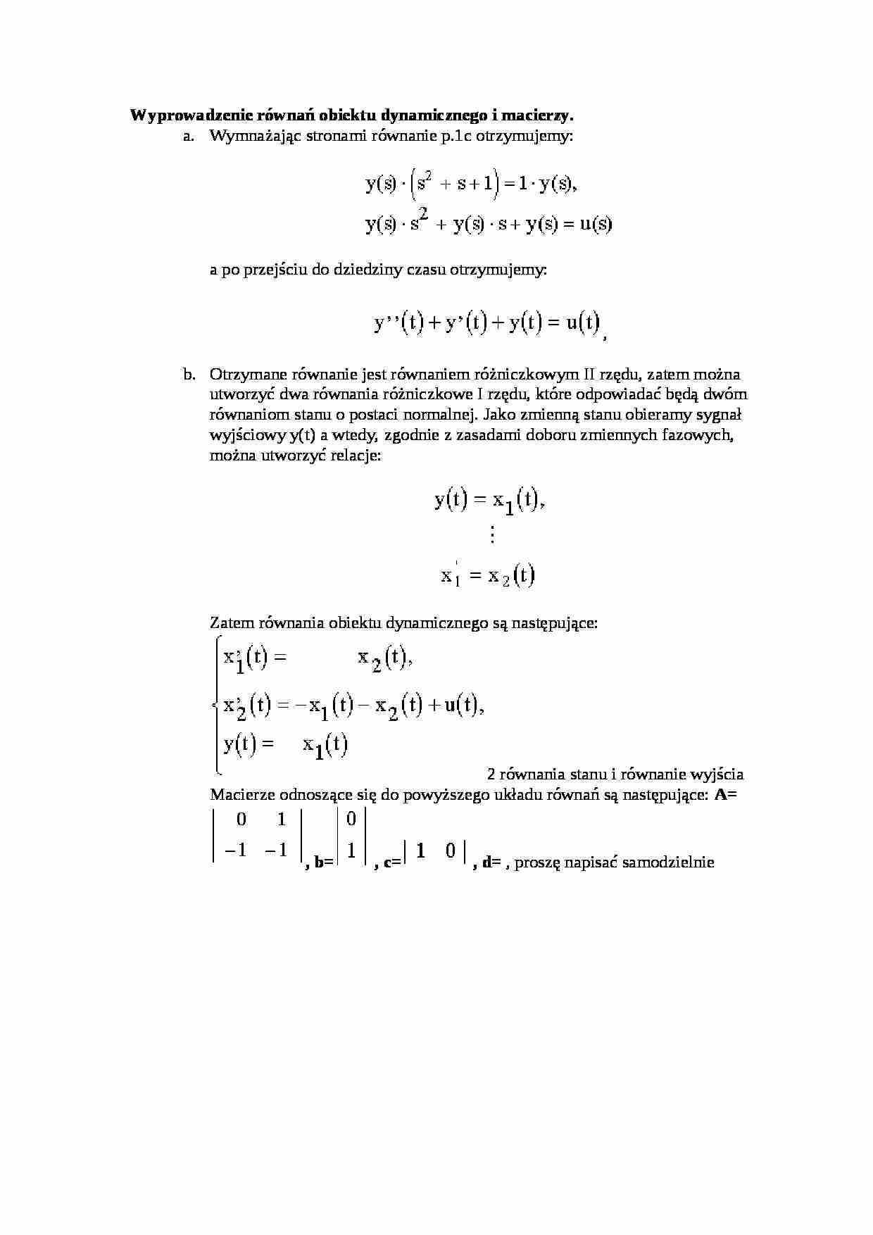 Wyprowadzenie równań obiektu dynamicznego i macierzy - wykład - strona 1