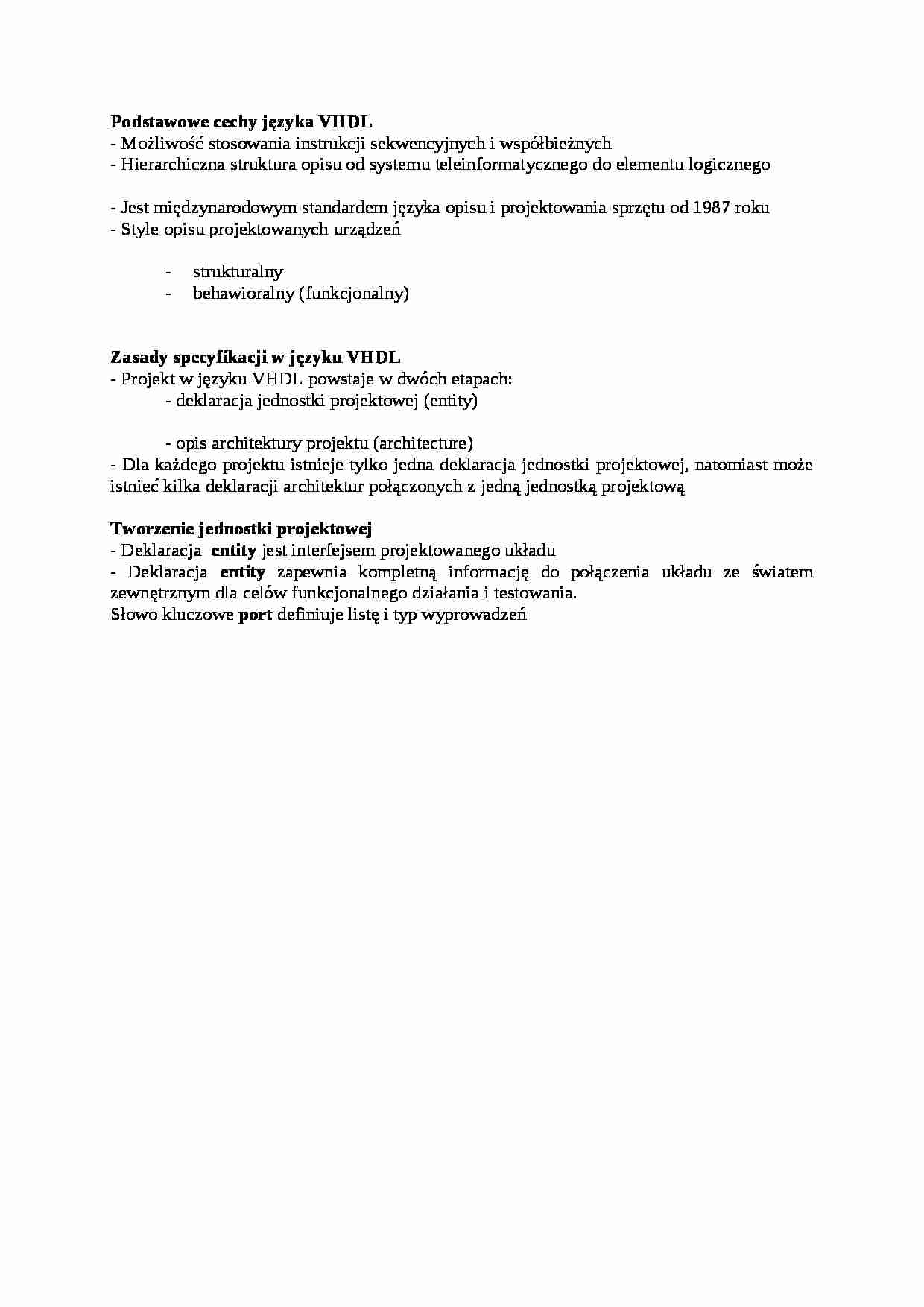 Podstawowe cechy VHDL - wykład - strona 1