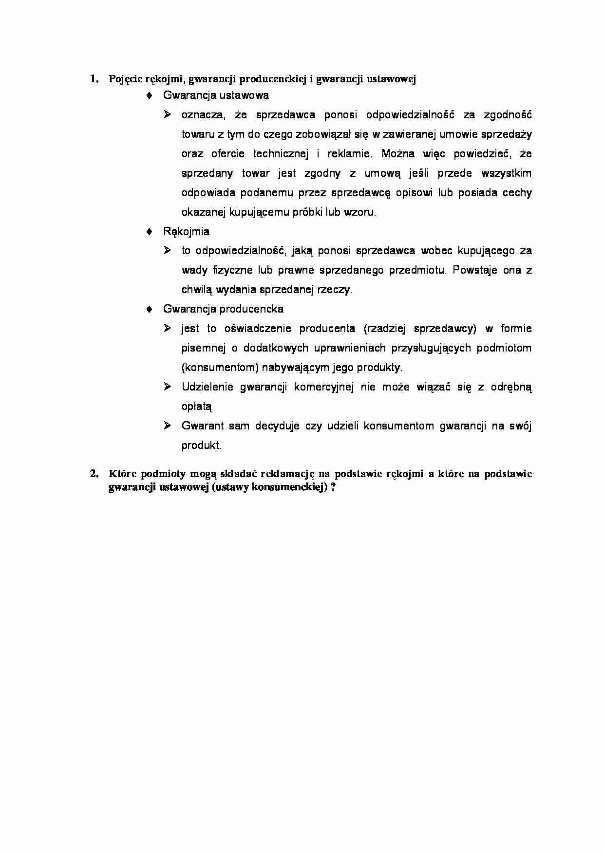 Pojęcie rękojmi, gwarancji producenckiej i gwarancji ustawowej-opracowanie - strona 1