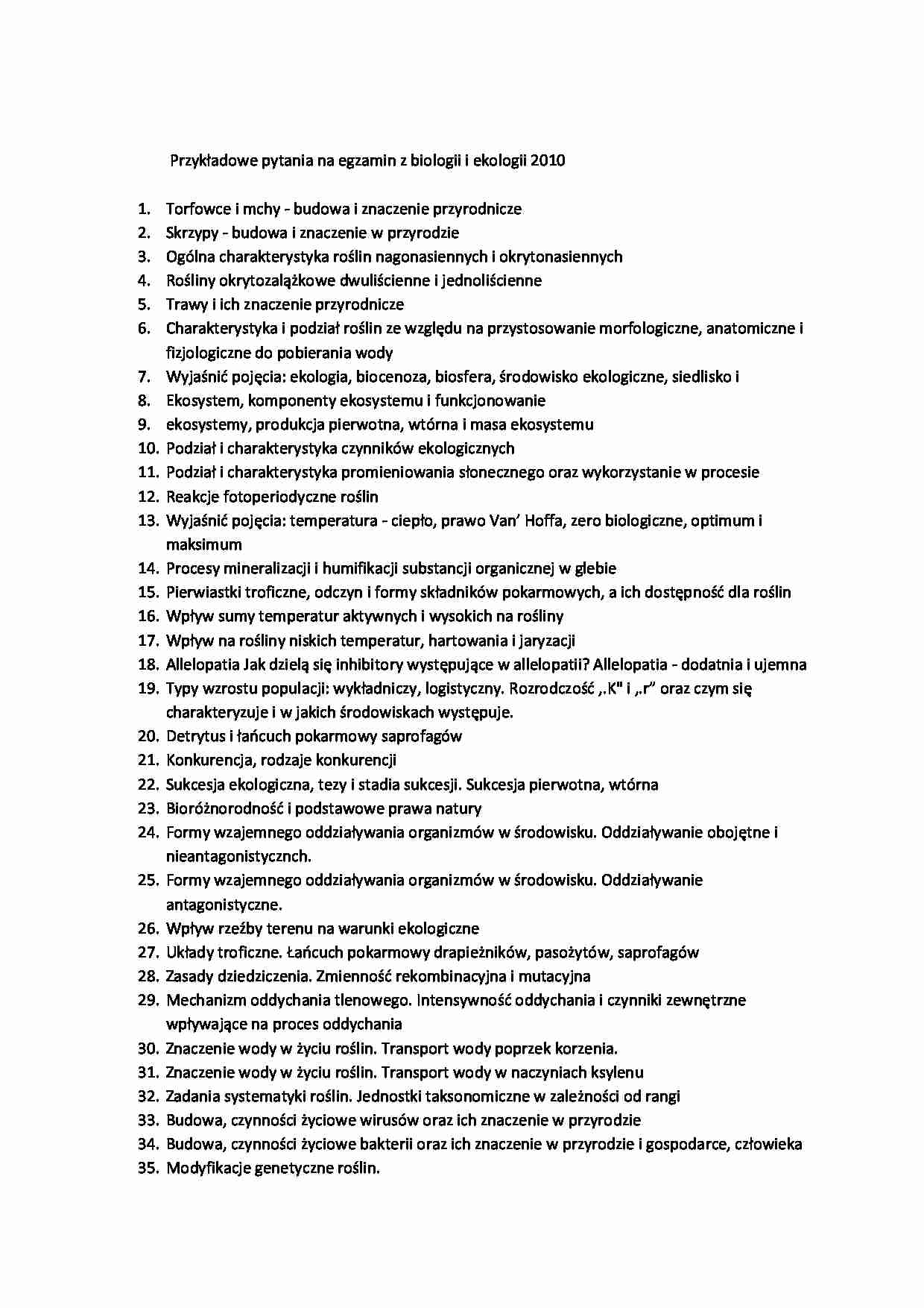 Przykładowe pytania na egzamin z biologii i ekologii 2010-opracowanie - strona 1