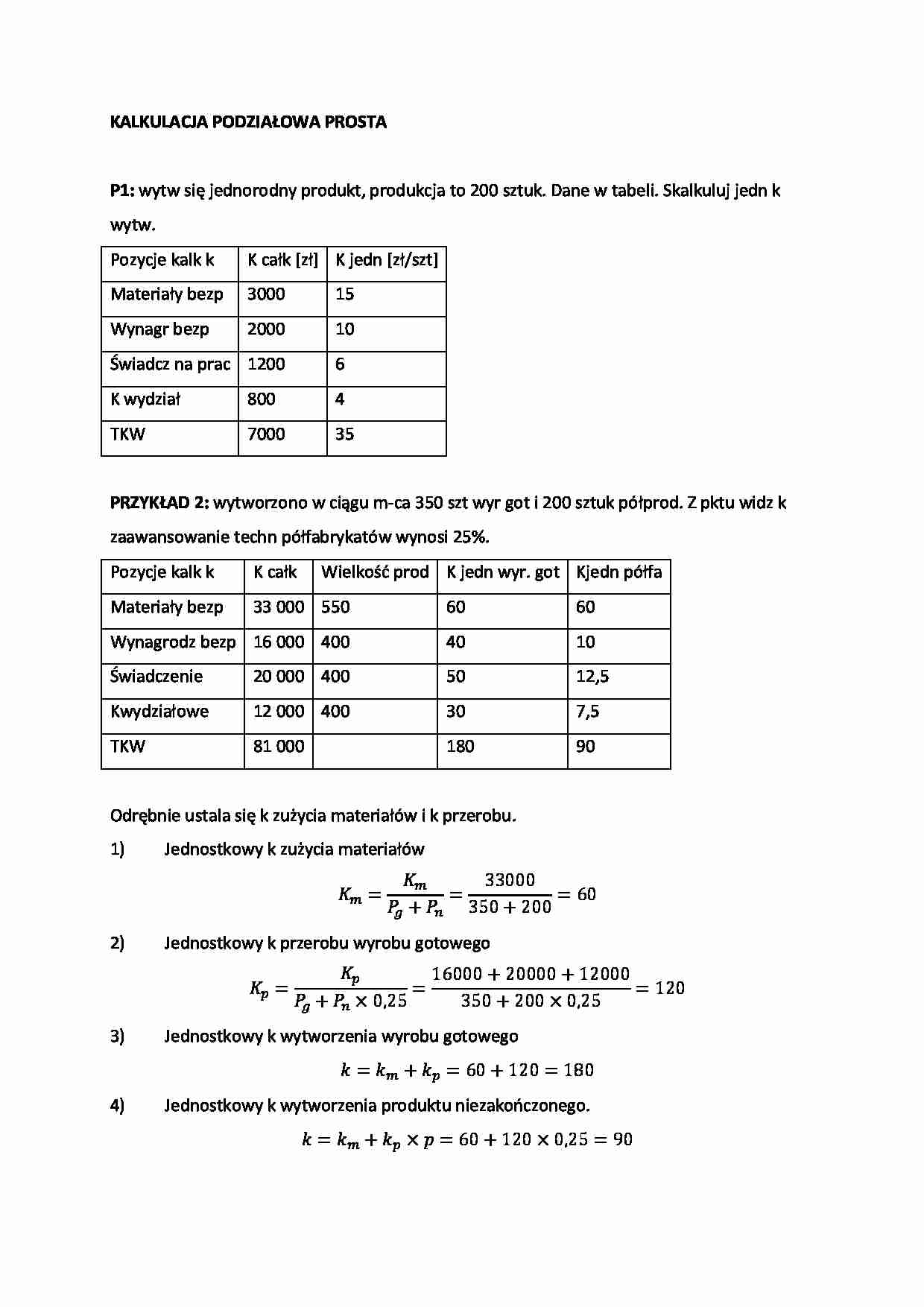 rachunek kosztów - Zadania na egzamin - Kalkulacja podziałowa prosta - strona 1