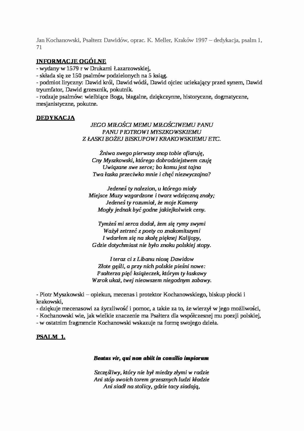 Jan Kochanowski, Psałterz Dawidów - dedykacja, psalm 1, 71 - strona 1