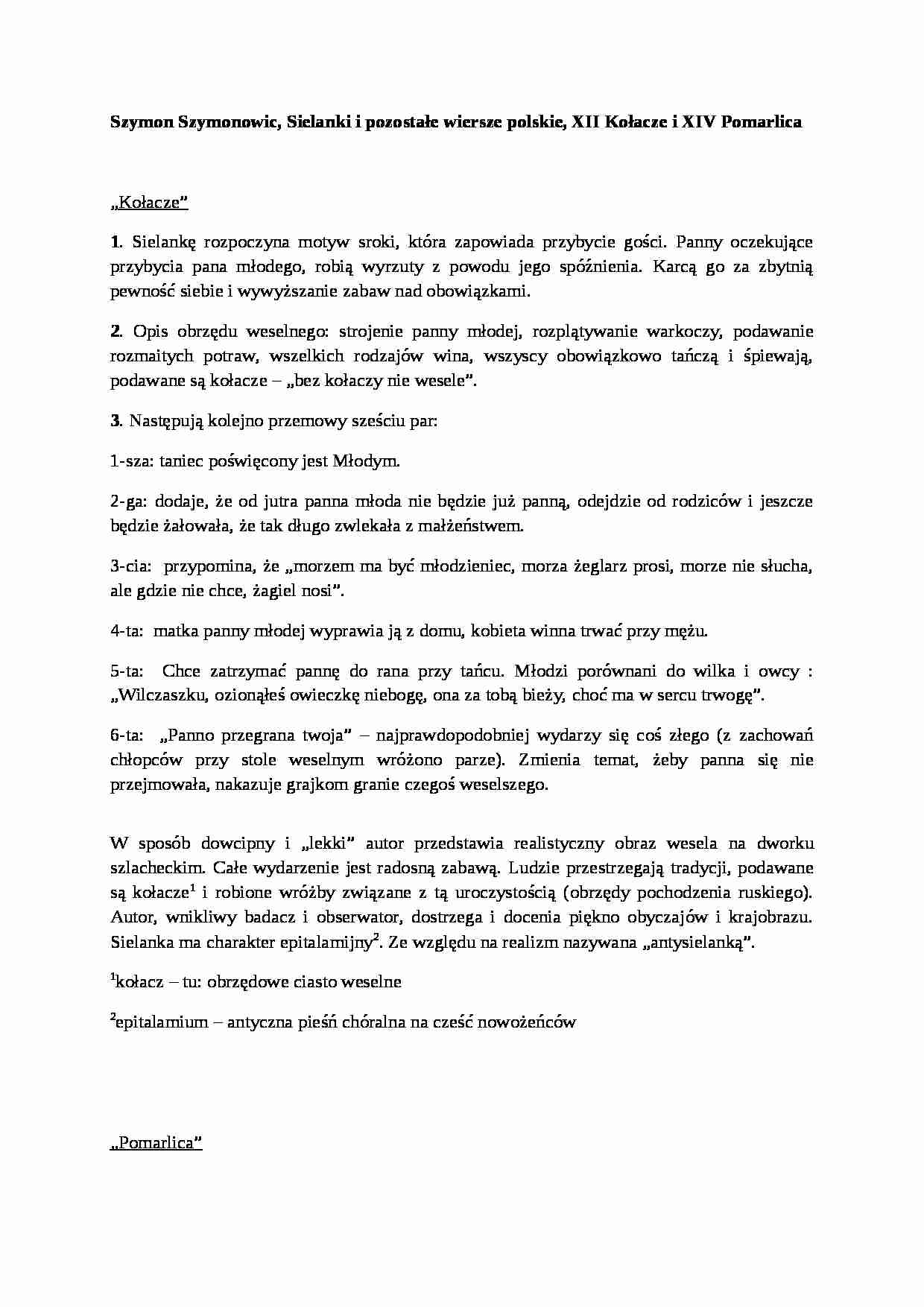 Szymon Szymonowic, Kołacze i Pomarlica - strona 1