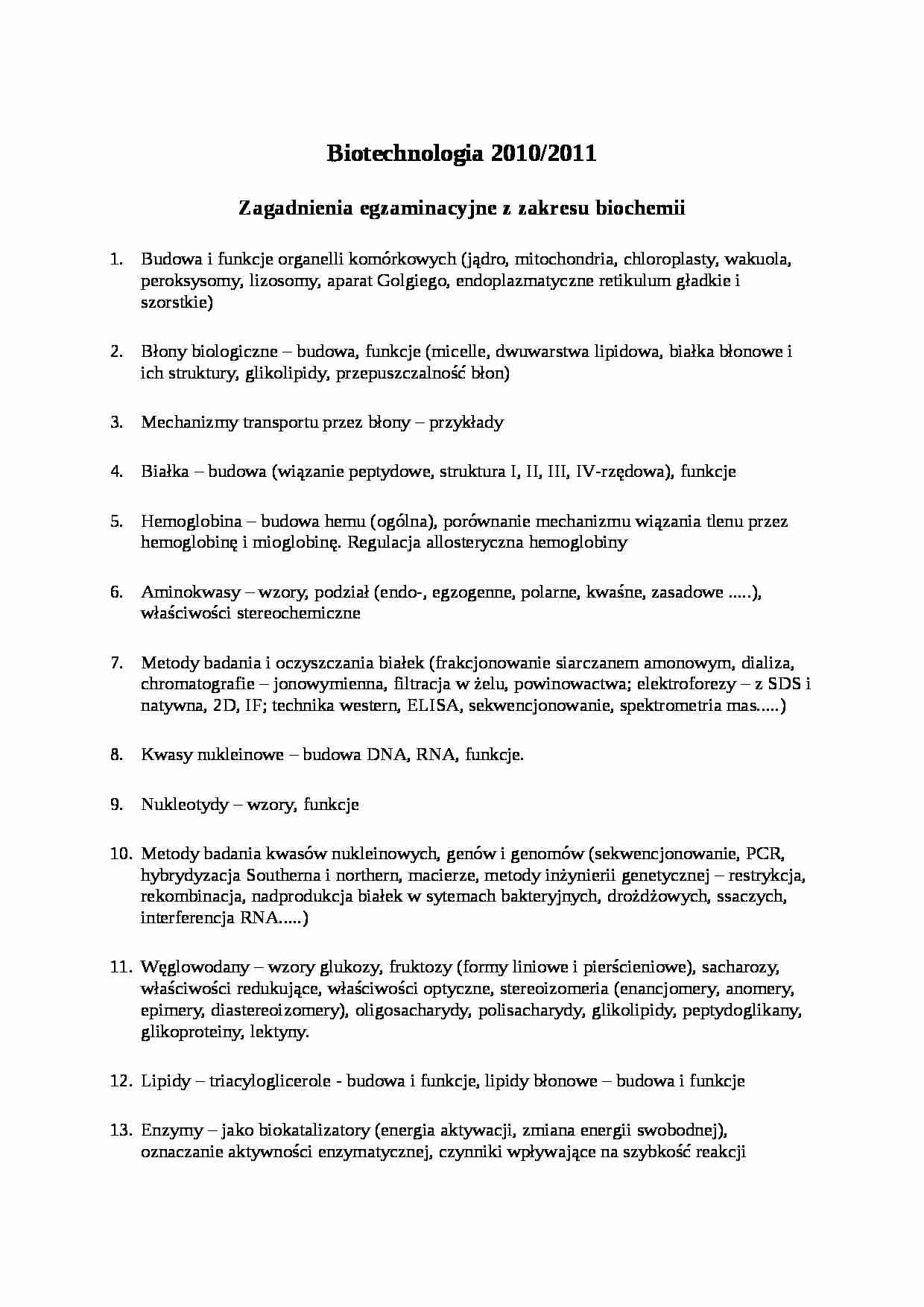 Biochemia - zagadnienia egzaminacyjne 2011 - strona 1