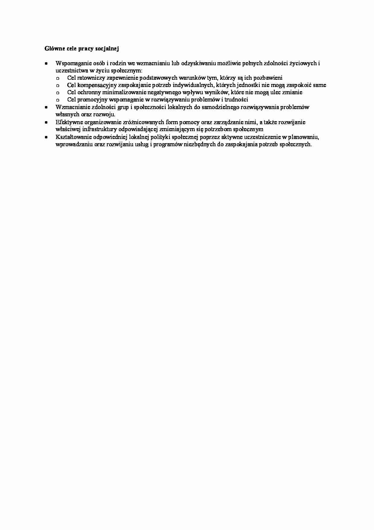  Główne cele pracy socjalnej-opracowanie - strona 1
