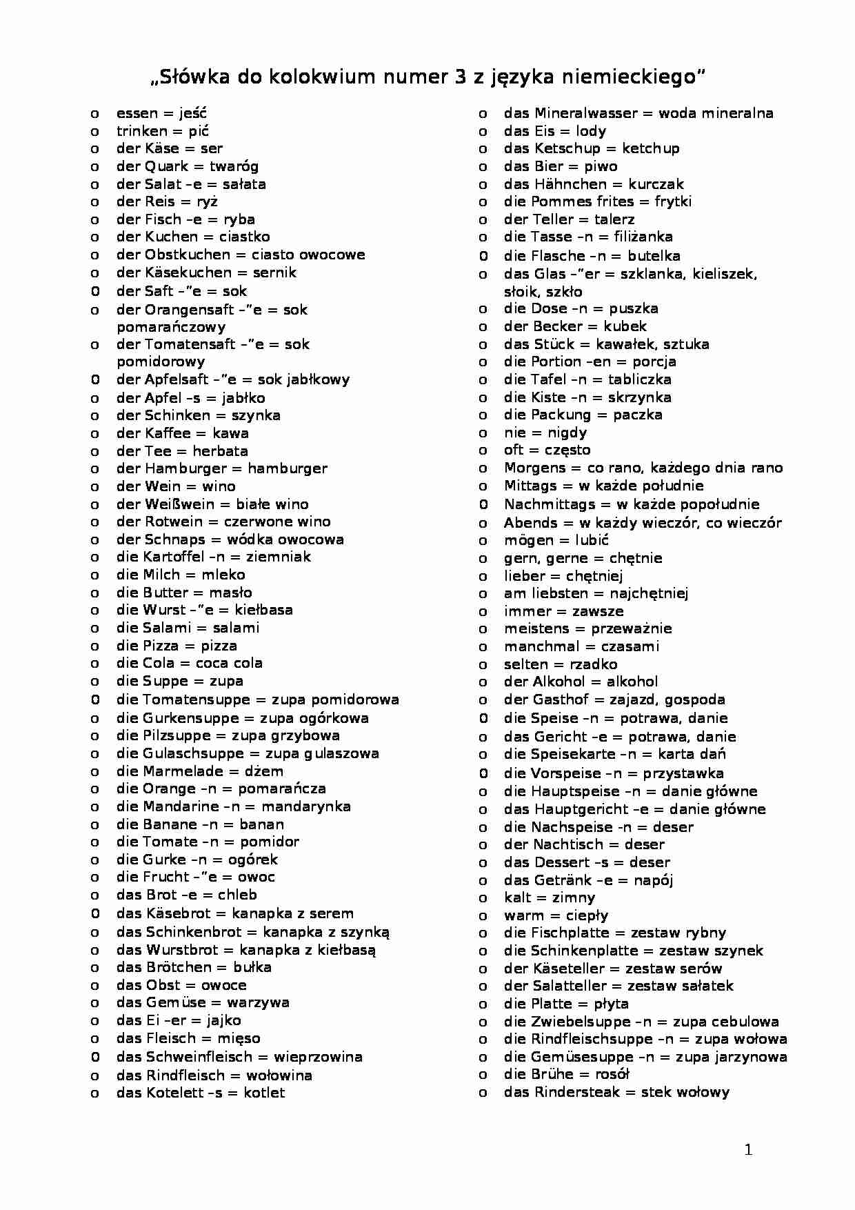Język niemiecki - A1 - spis słownictwa z całego roku - strona 1