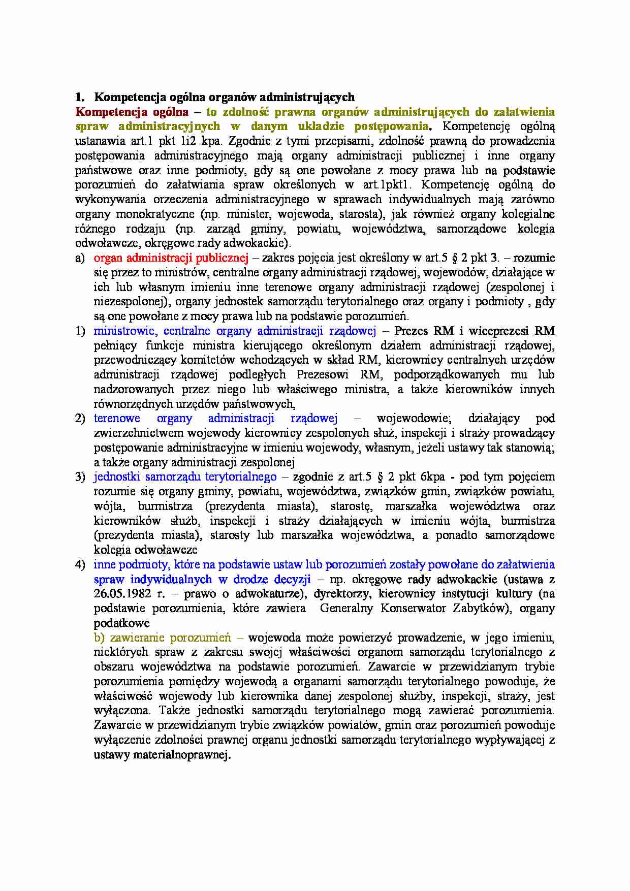 Kompetencja ogólna organów administracji-opracowanie - strona 1
