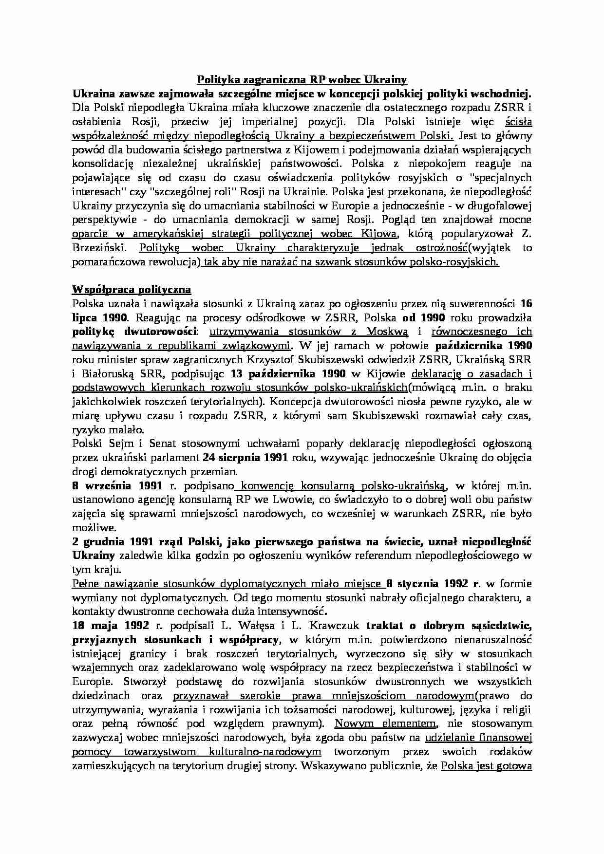 Polityka zagraniczna RP wobec Ukrainy- opracowanie - strona 1