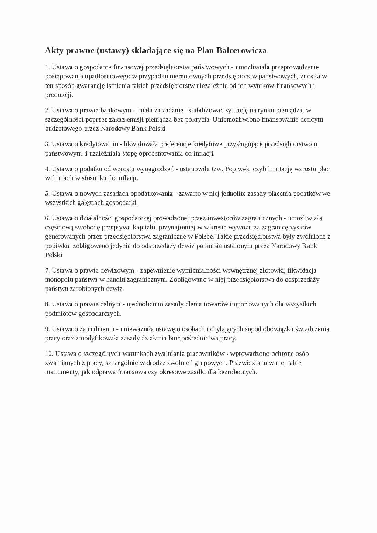 Akty prawne składające się na Plan Balcerowicza- spis - strona 1