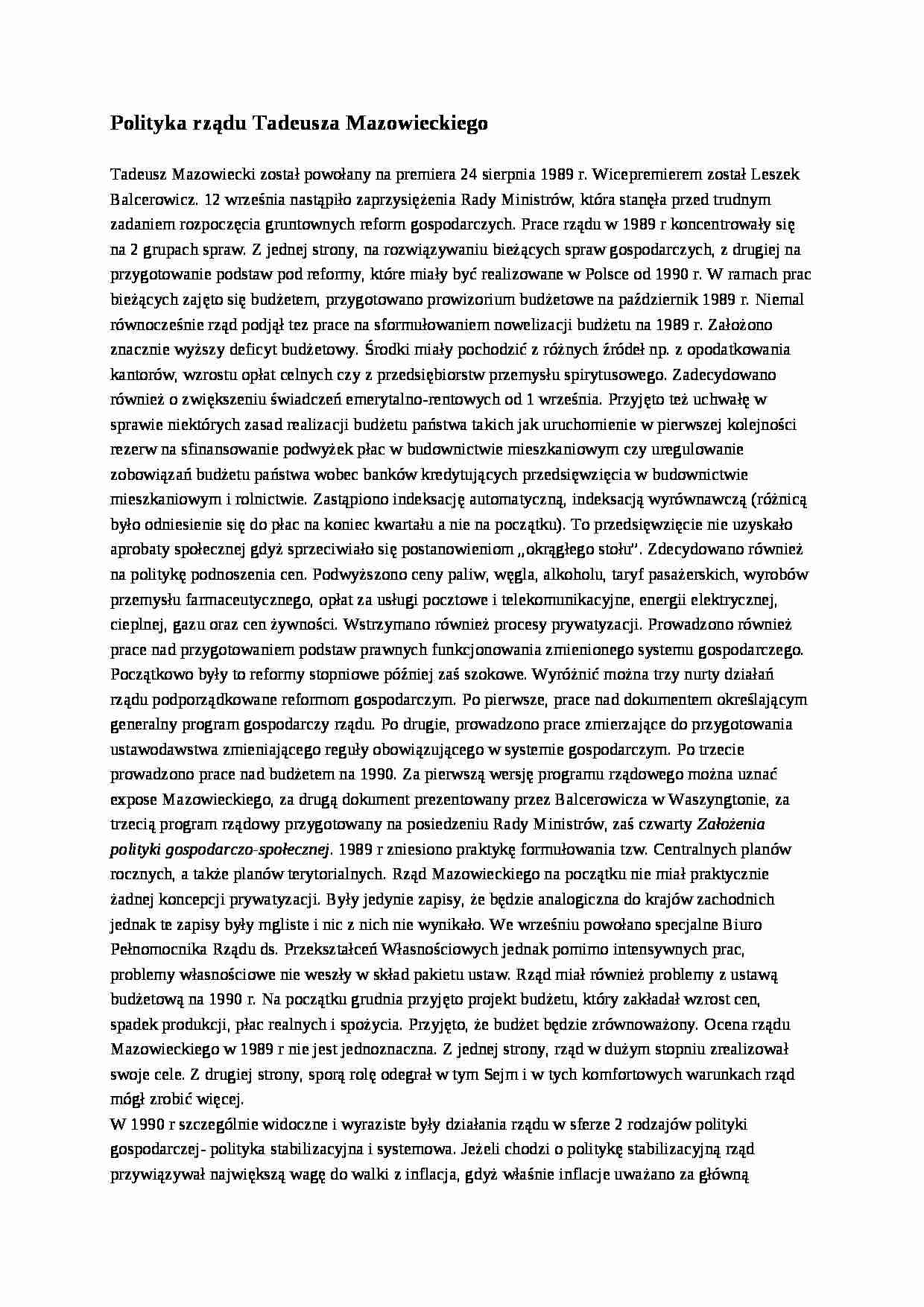 Polityka rządu Tadeusza Mazowieckiego- opracowanie - strona 1