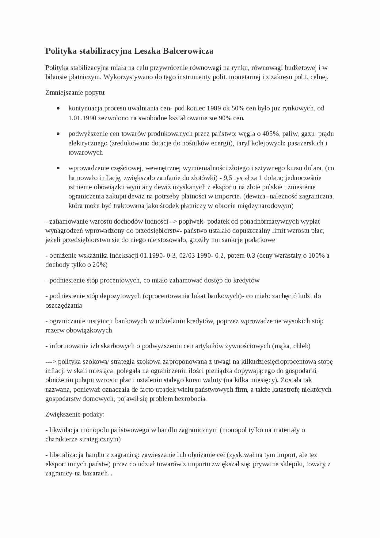 Polityka stabilizacyjna Leszka Balcerowicza- opracowanie - strona 1