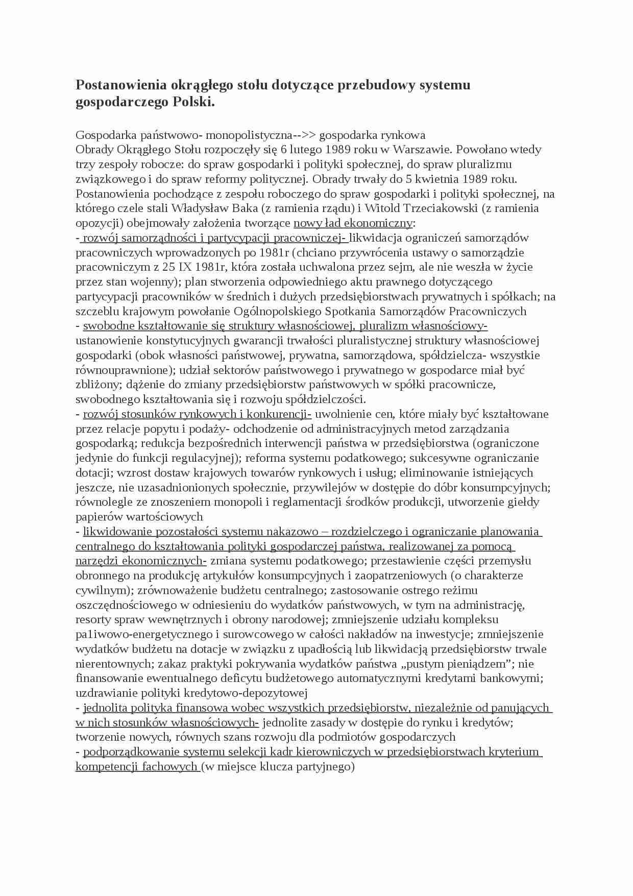 Postanowienia okrągłego stołu dotyczące przebudowy systemu gospodarczego Polski- opracowanie - strona 1