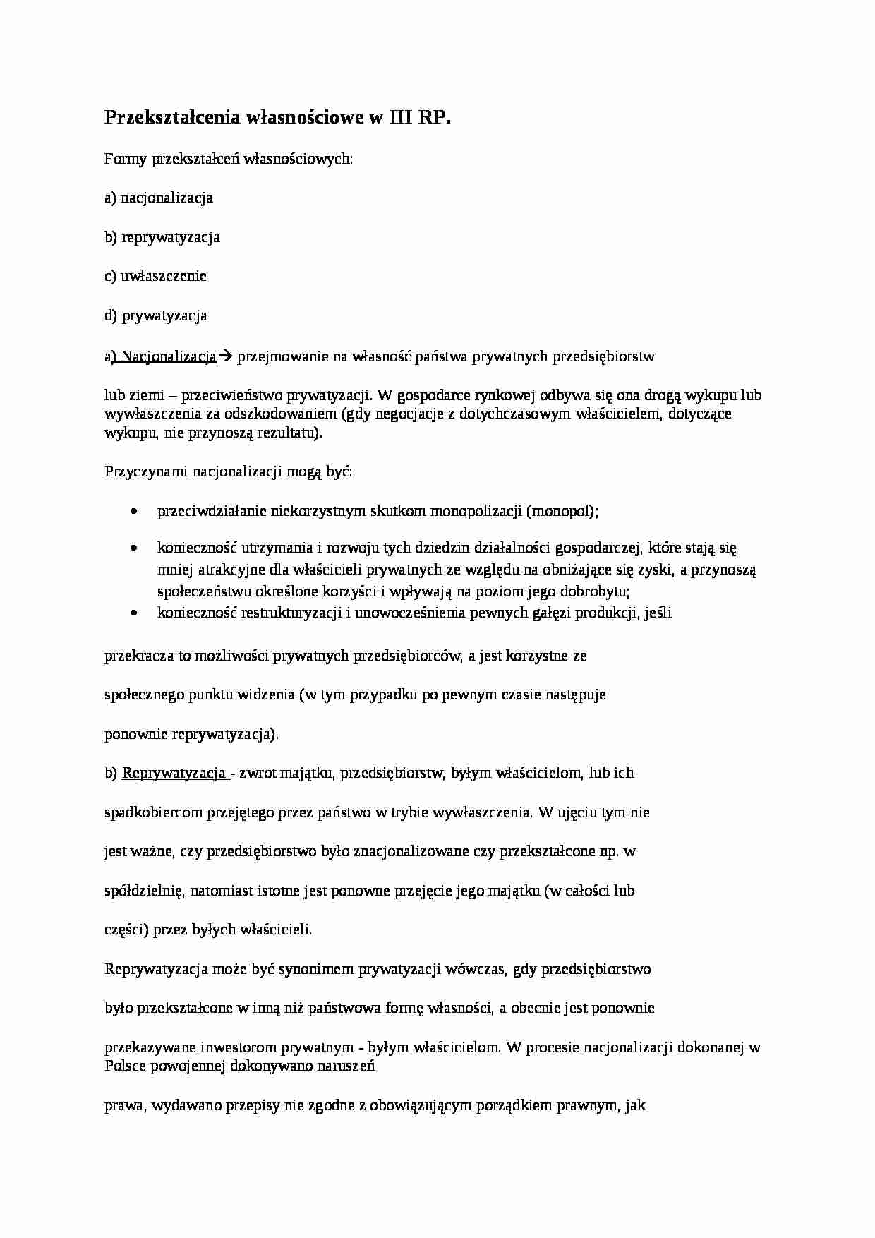 Przekształcenia własnościowe w III RP- opracowanie - strona 1