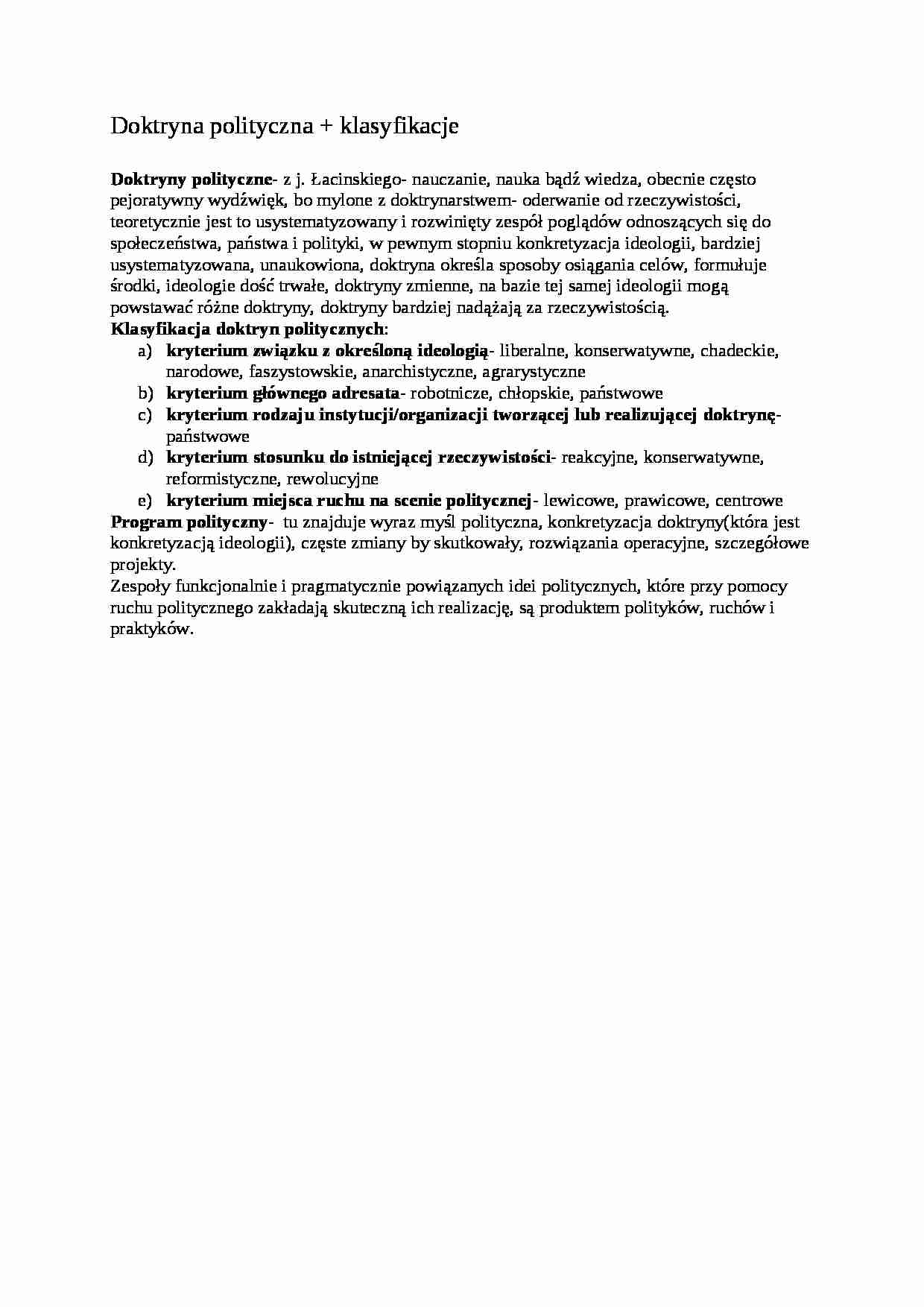 Doktryna polityczna i klasyfikacje- opracowanie - strona 1