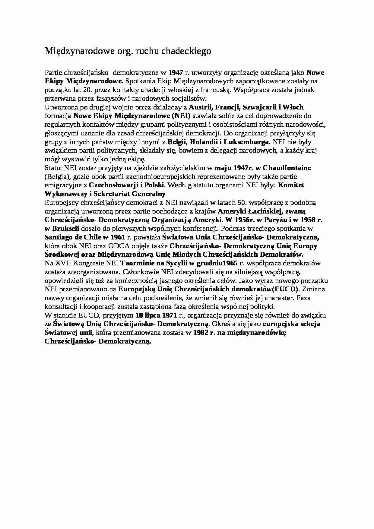 Międzynarodowe organizacje ruchu chadeckiego- opracowanie - strona 1
