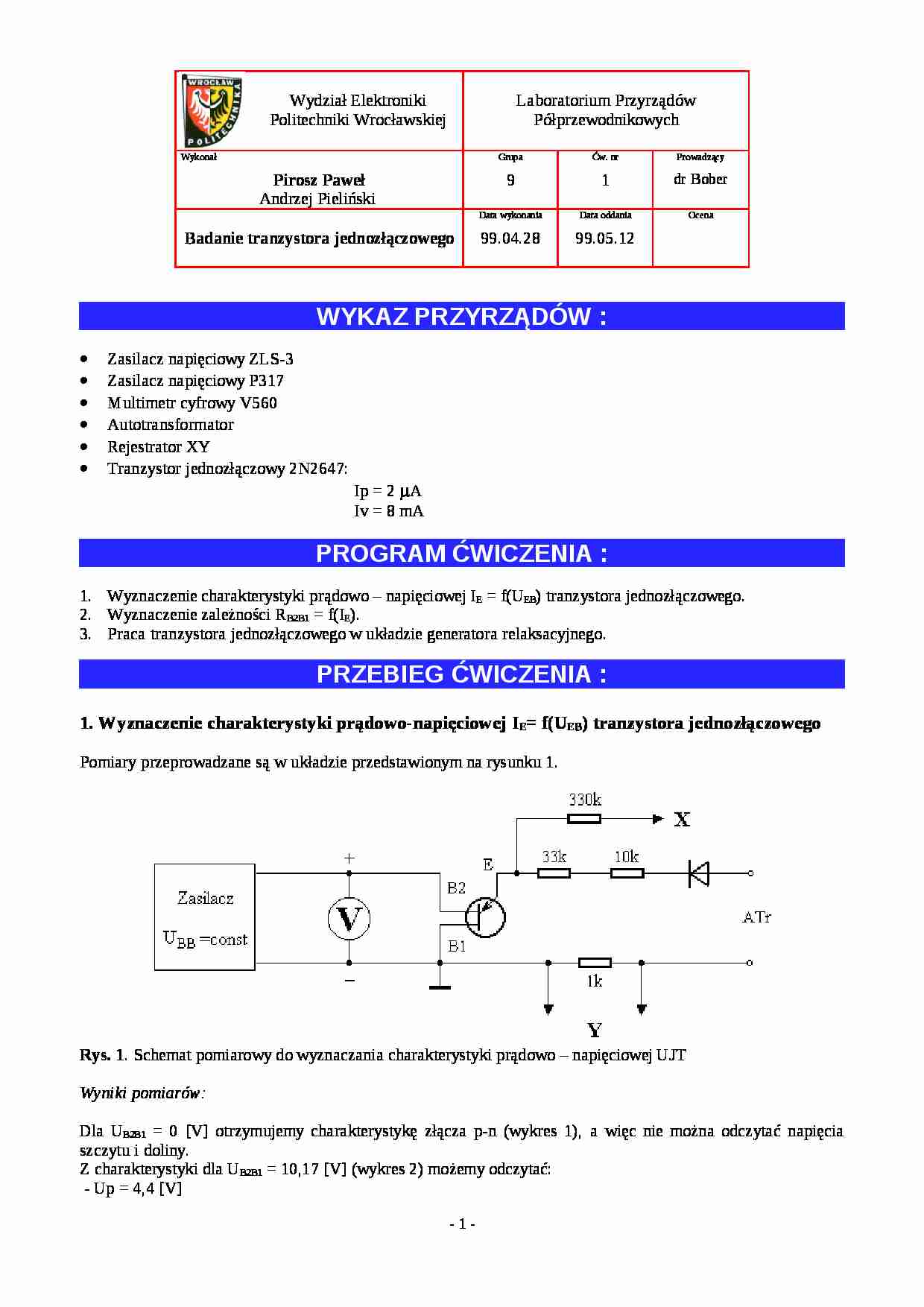 Wykład - badanie tranzystora jednozłączowego - strona 1