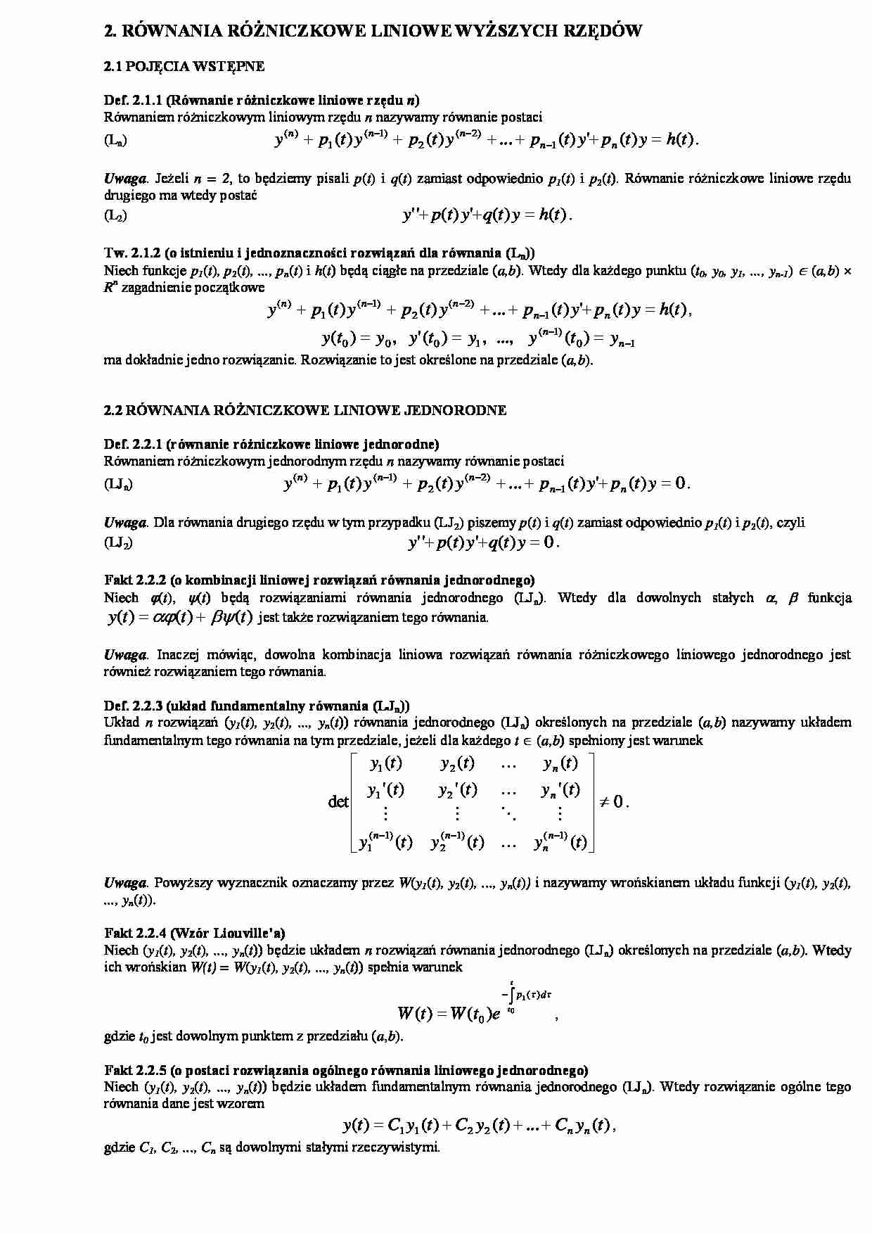 Wykład - równania różniczkowe liniowe wyższych rzędów - strona 1