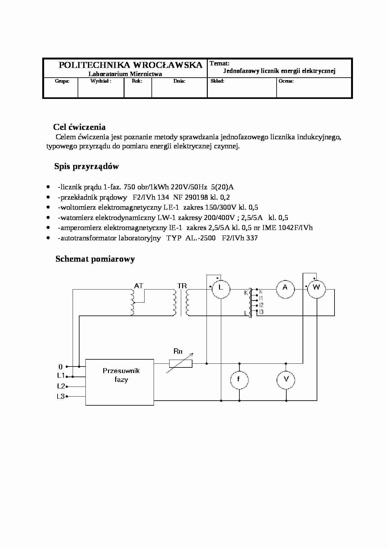 Jednofazowy licznik energii elektrycznej - wykład - strona 1